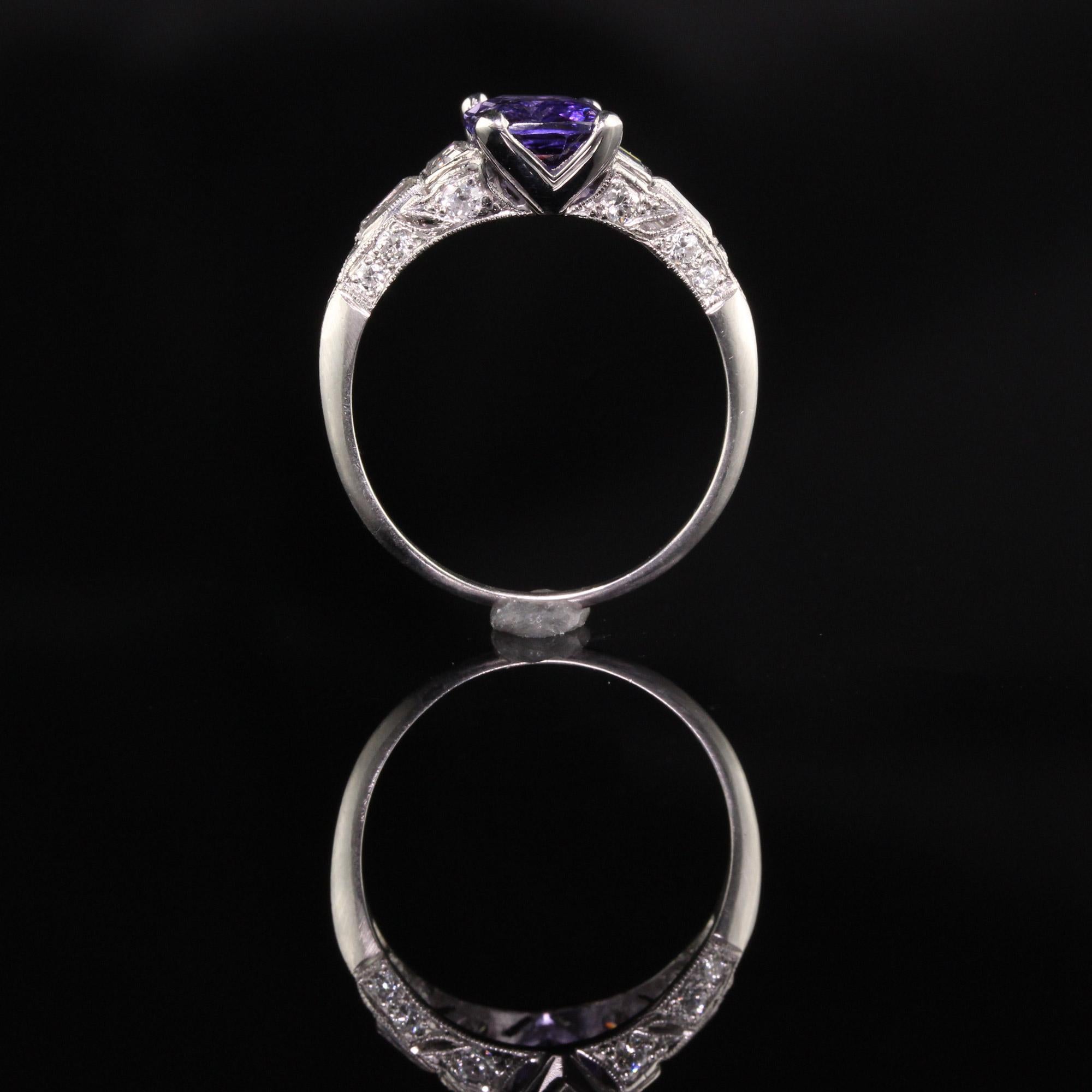 Antique Art Deco Platinum No Heat Purple Sapphire and Diamond Engagement Ring In Good Condition In Great Neck, NY