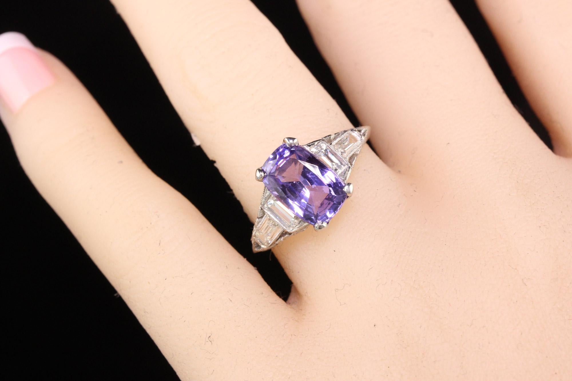 Women's Antique Art Deco Platinum No Heat Purple Sapphire and Diamond Engagement Ring