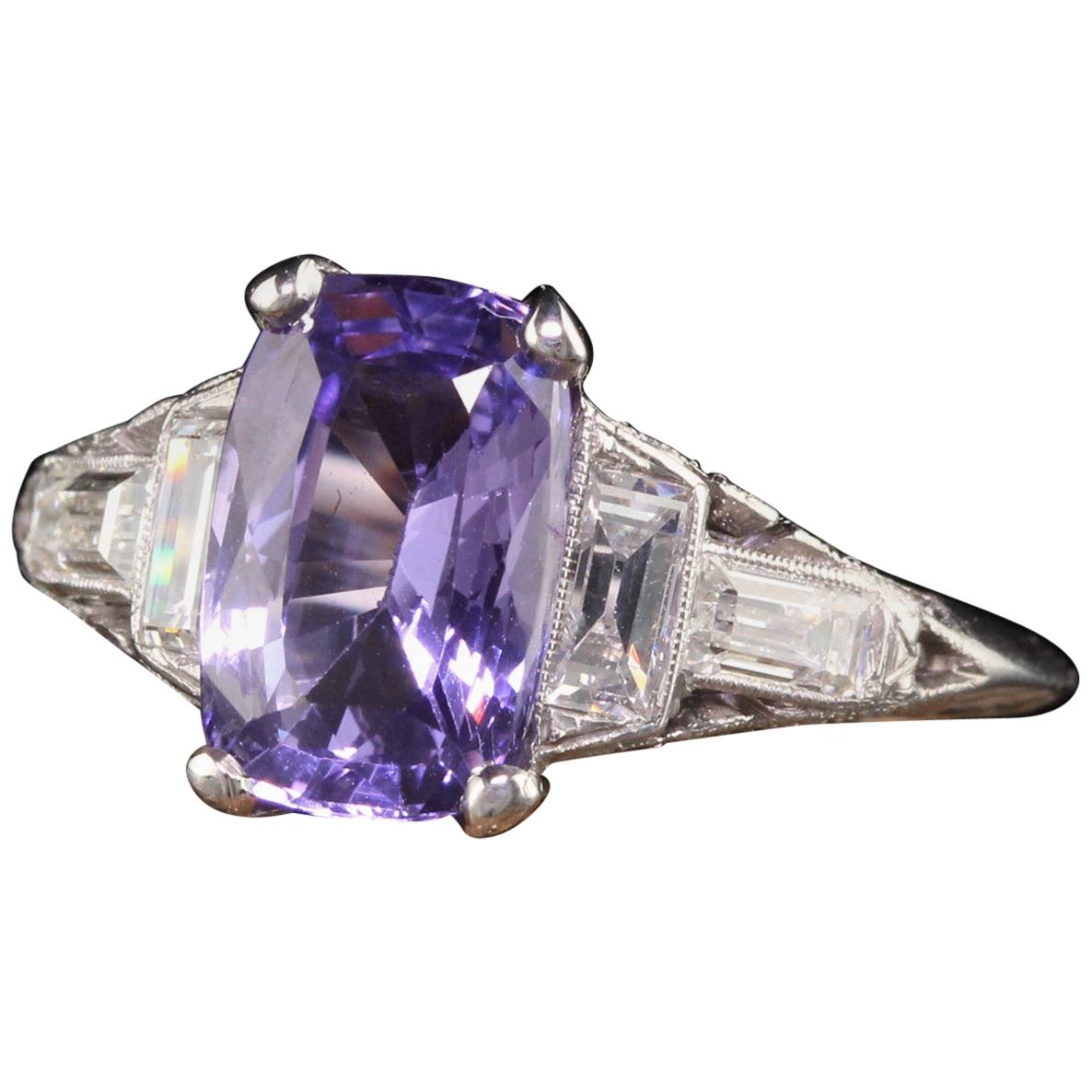 Antique Art Deco Platinum No Heat Purple Sapphire and Diamond Engagement Ring