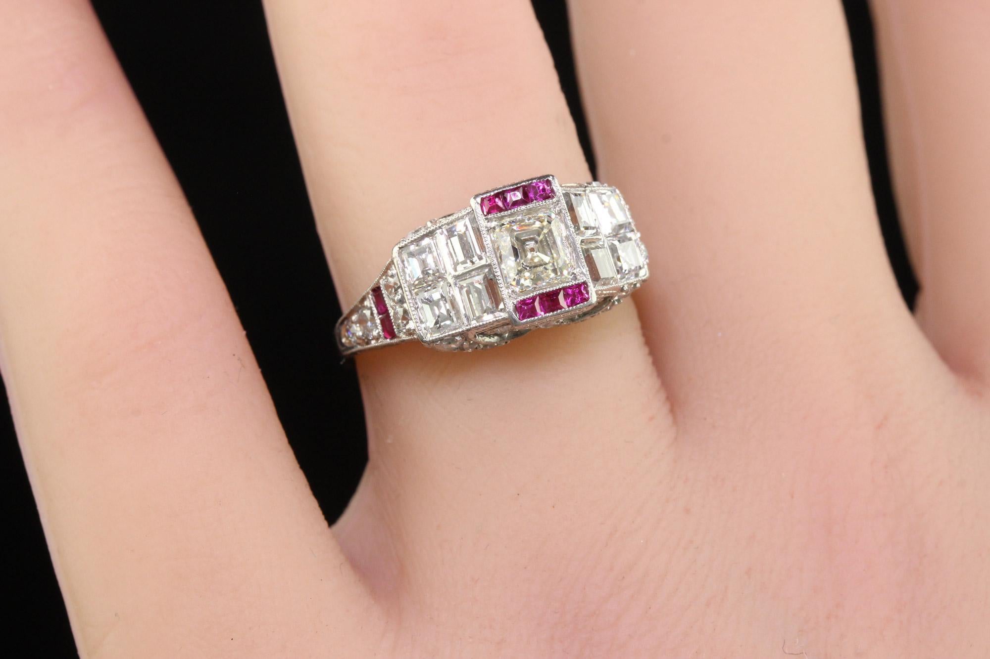 Antique Art Deco Platinum Old Asscher Cut Diamond and Ruby Engagement Ring For Sale 6