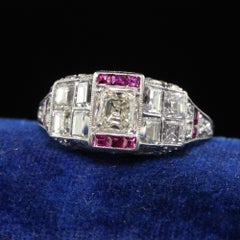 Antique Art Deco Platinum Old Asscher Cut Diamond and Ruby Engagement Ring