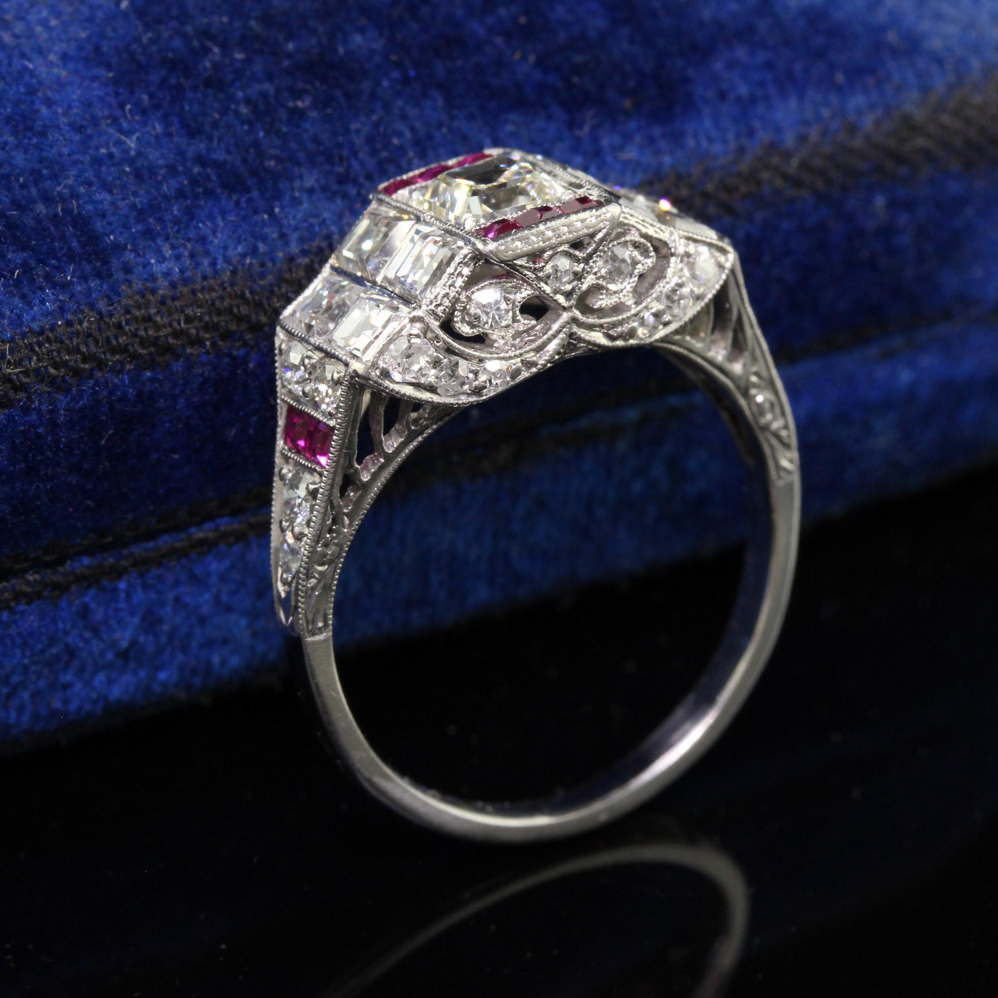 Antique Art Deco Platinum Old Asscher Cut Diamond and Ruby Engagement Ring In Good Condition For Sale In Great Neck, NY
