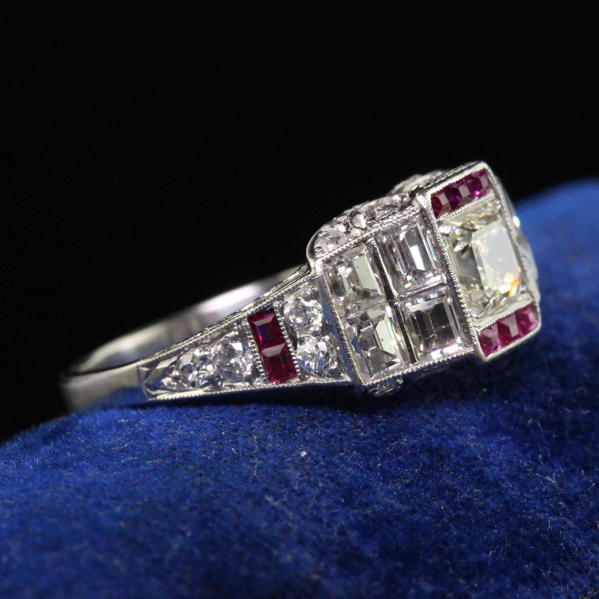 Women's Antique Art Deco Platinum Old Asscher Cut Diamond and Ruby Engagement Ring For Sale