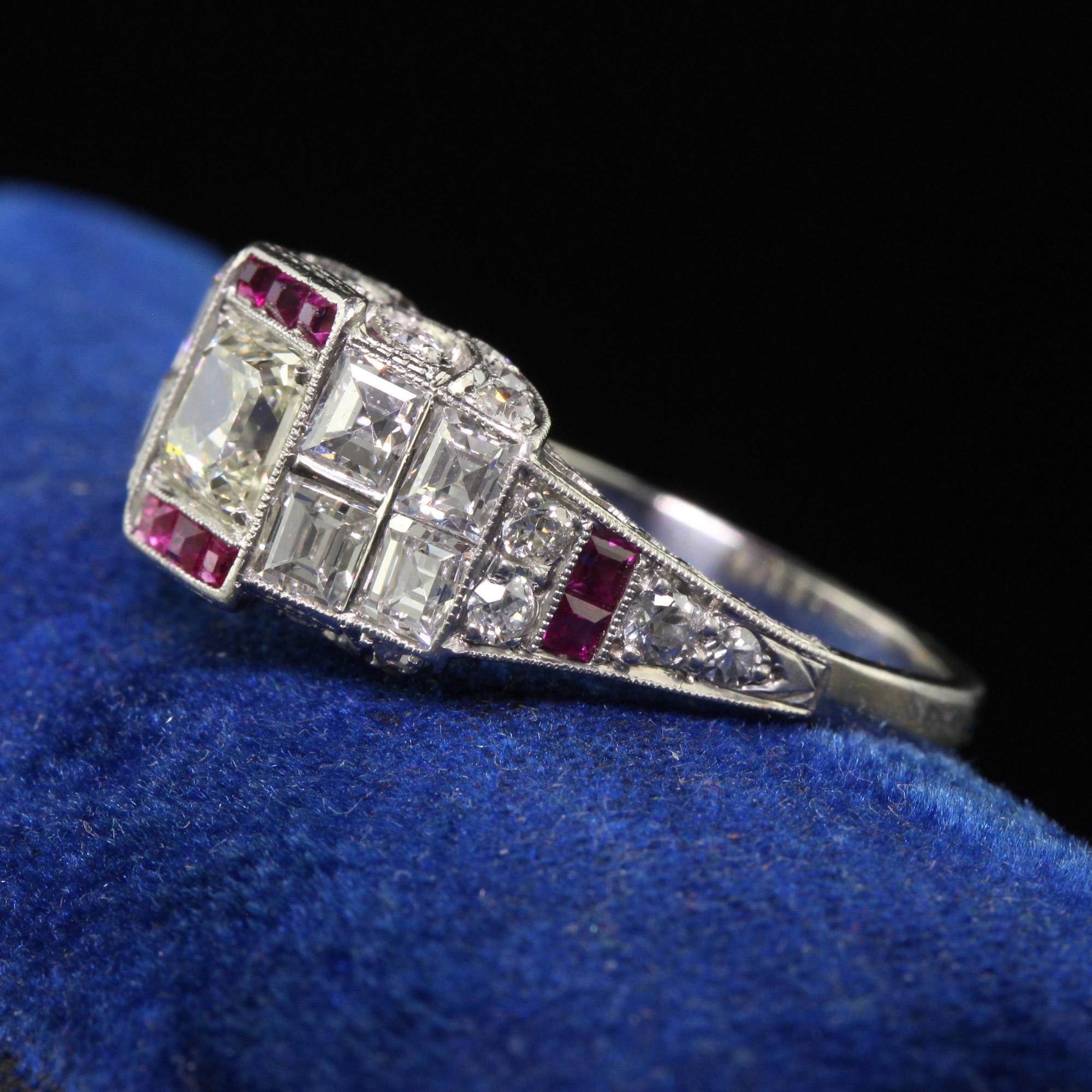 Antique Art Deco Platinum Old Asscher Cut Diamond and Ruby Engagement Ring For Sale 1