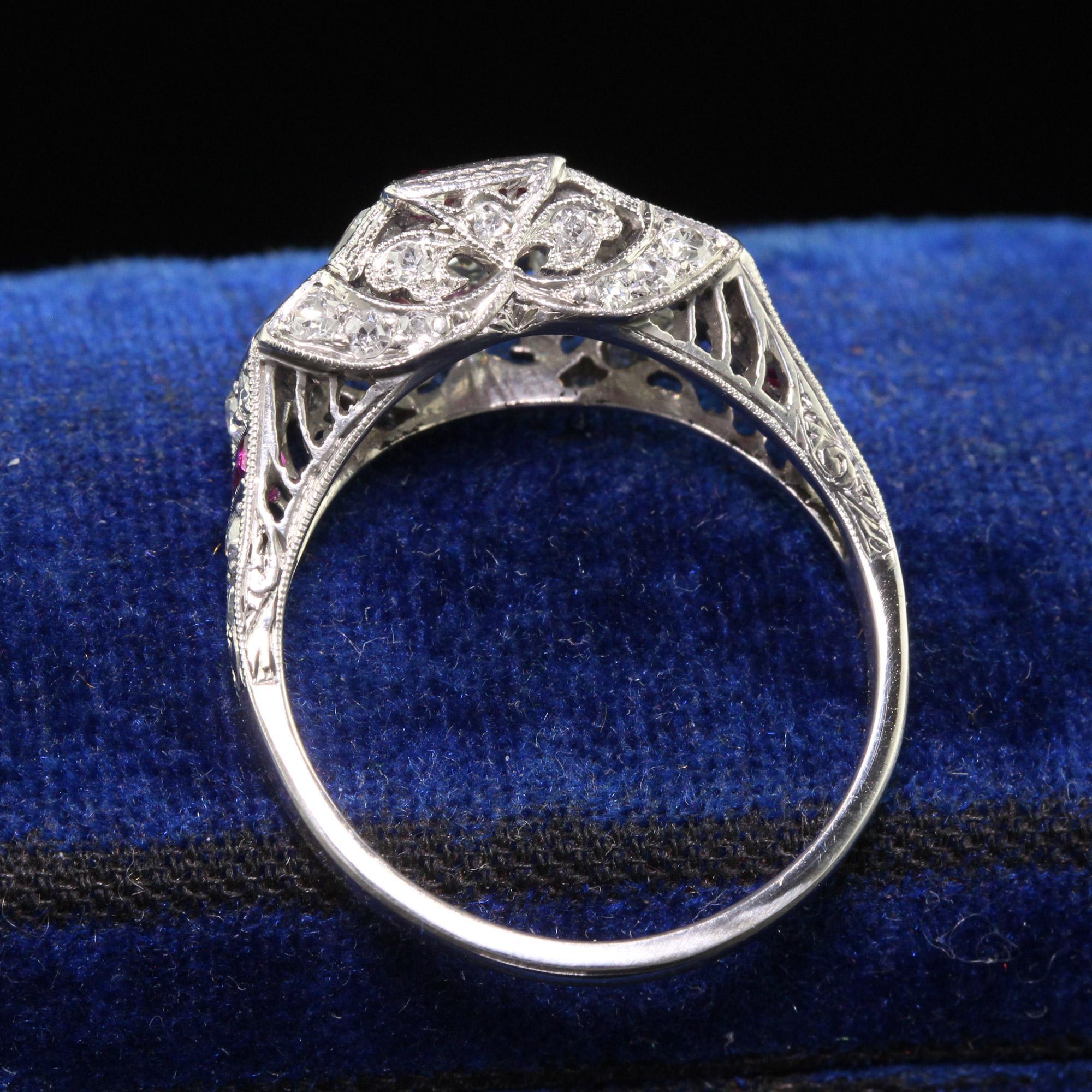 Antique Art Deco Platinum Old Asscher Cut Diamond and Ruby Engagement Ring For Sale 2