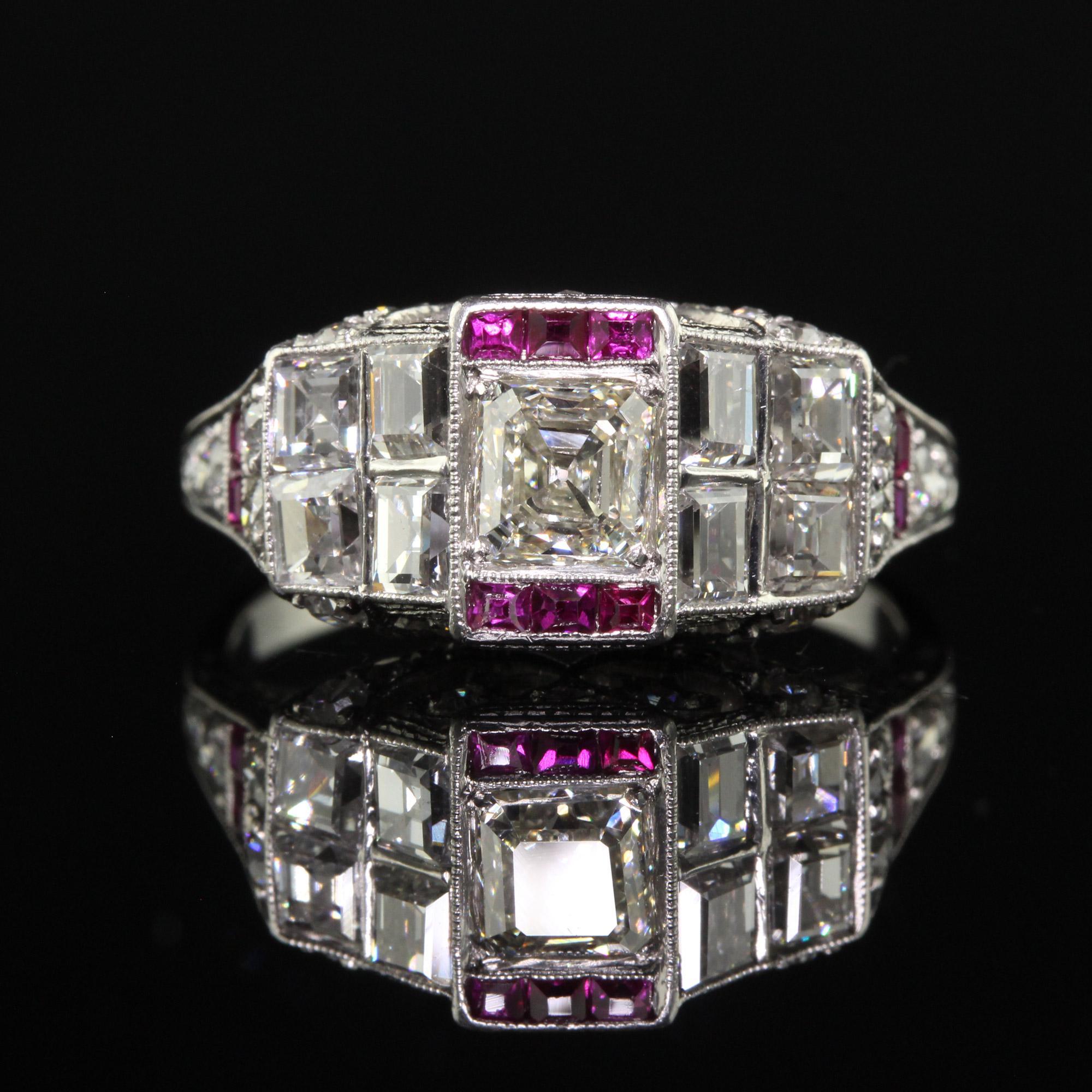Antique Art Deco Platinum Old Asscher Cut Diamond and Ruby Engagement Ring For Sale 3