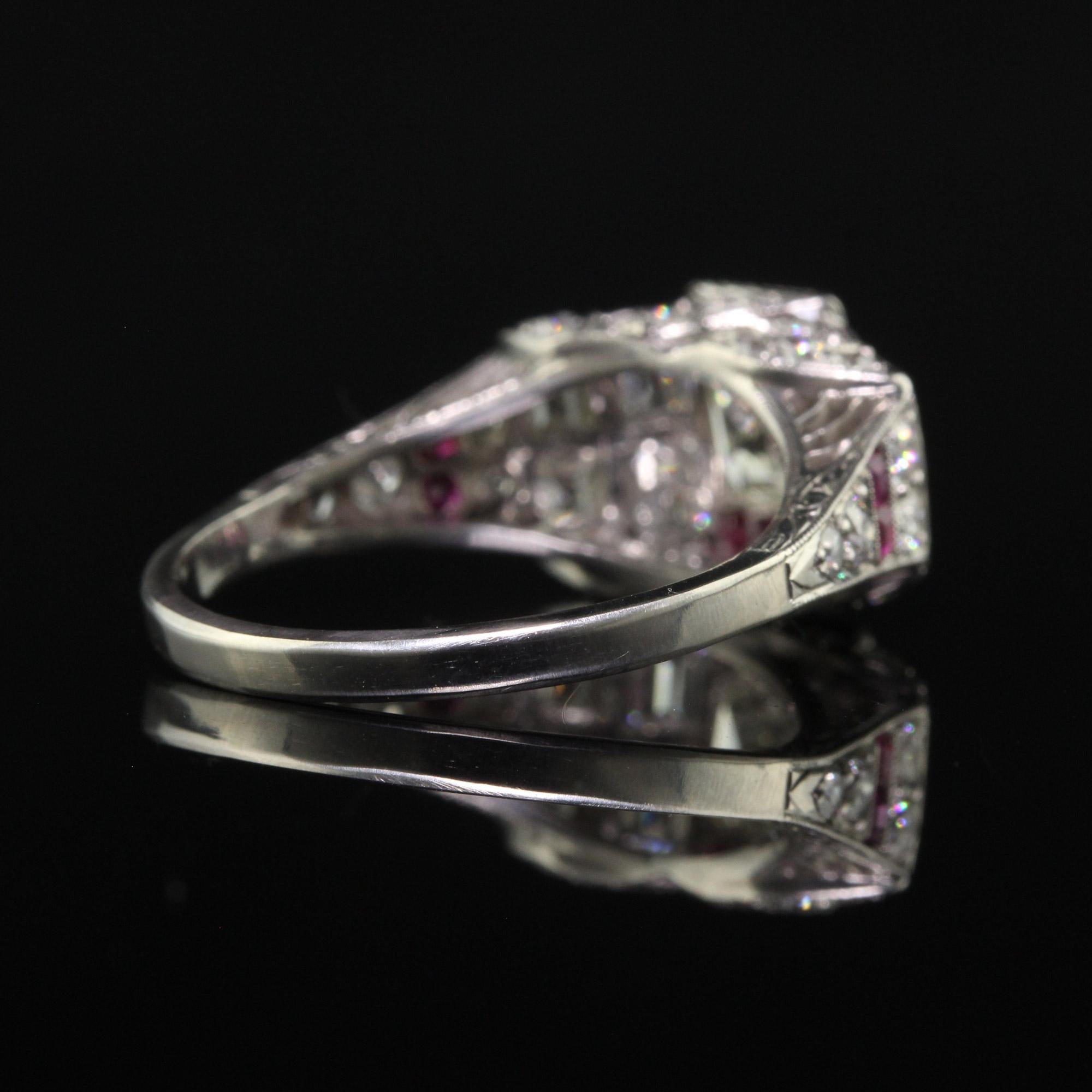 Antique Art Deco Platinum Old Asscher Cut Diamond and Ruby Engagement Ring For Sale 4