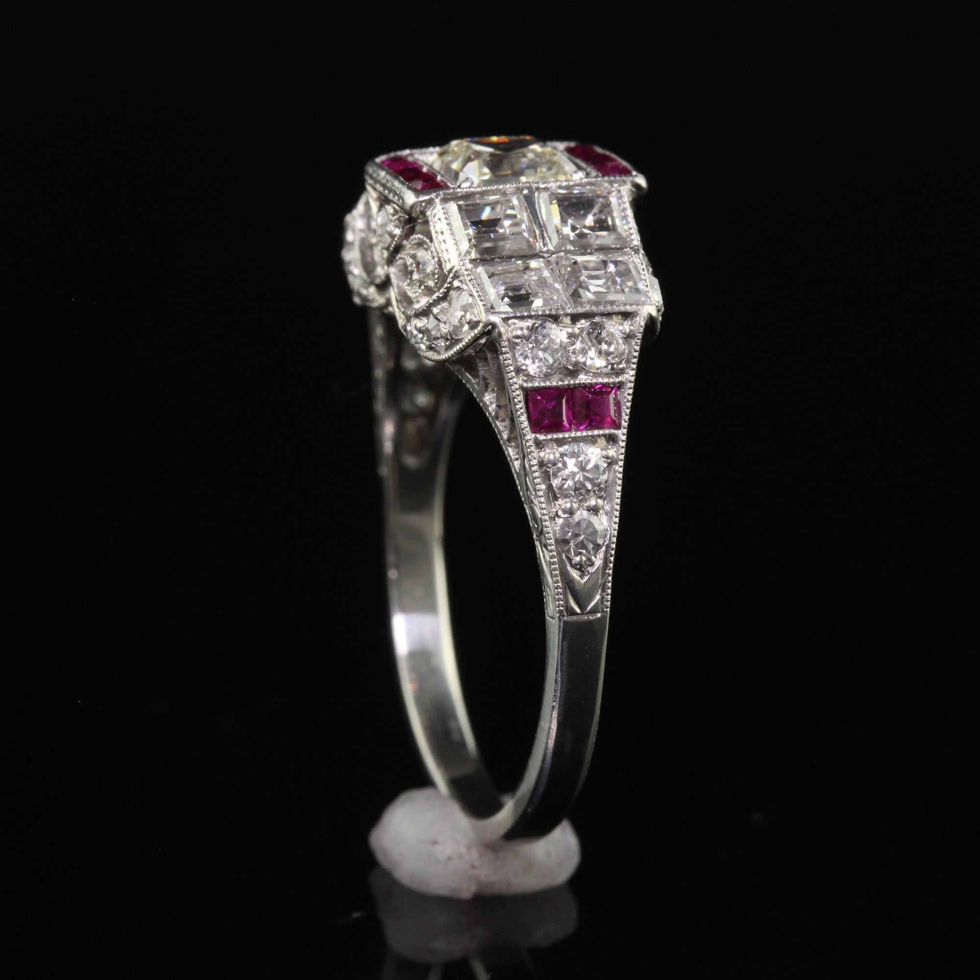 Antique Art Deco Platinum Old Asscher Cut Diamond and Ruby Engagement Ring For Sale 5