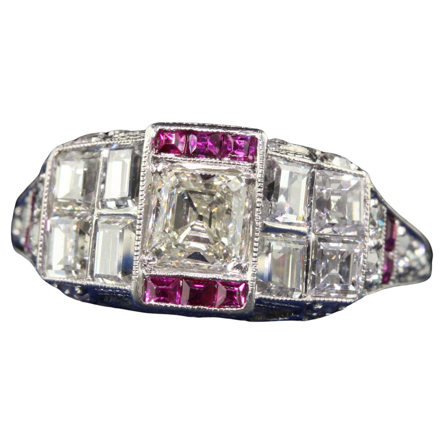 Antique Art Deco Platinum Old Asscher Cut Diamond and Ruby Engagement Ring