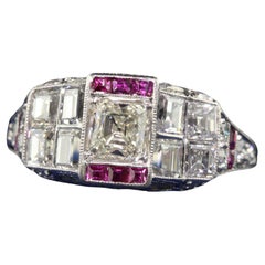 Antique Art Deco Platinum Old Asscher Cut Diamond and Ruby Engagement Ring