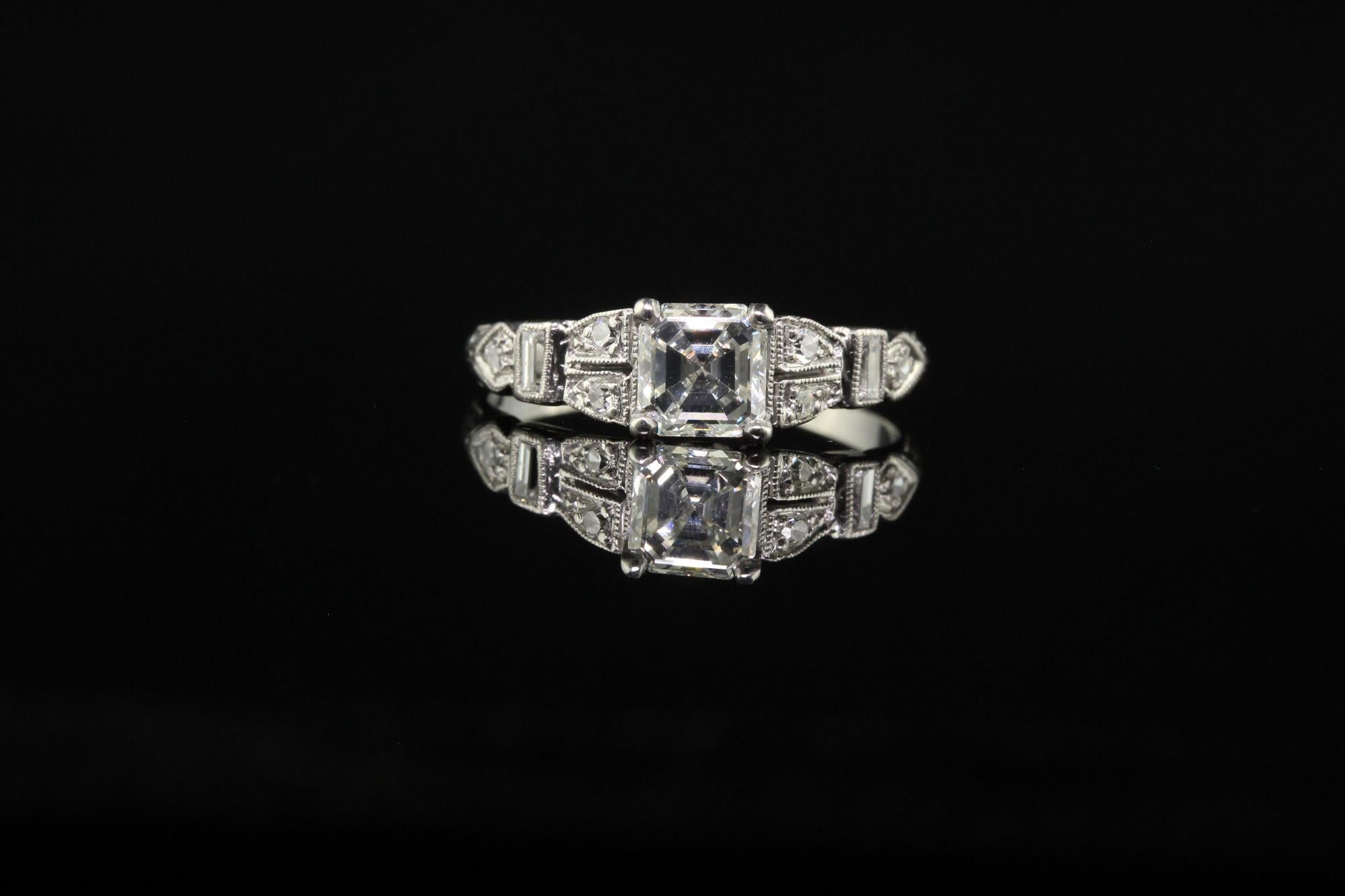 Antique Art Deco Platinum Old Asscher Cut Diamond Baguette Engagement Ring In Good Condition In Great Neck, NY