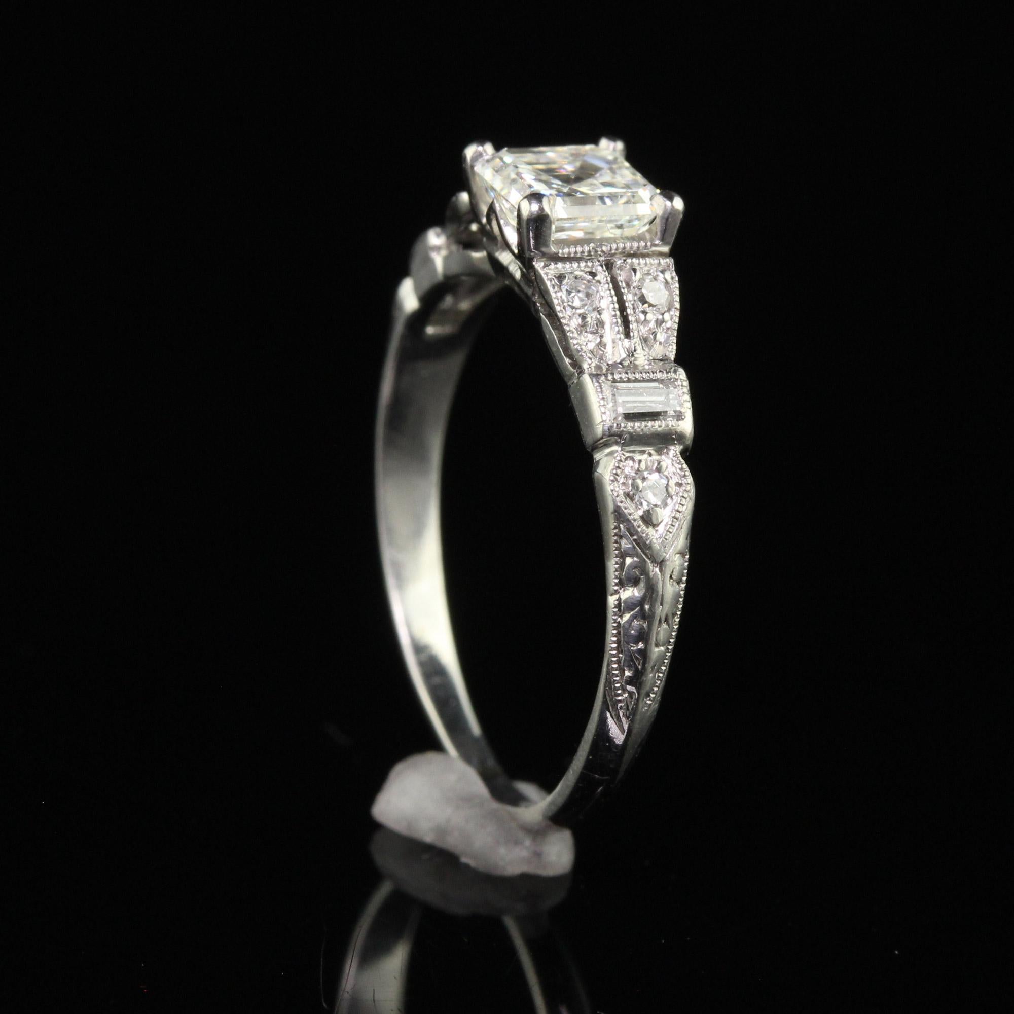Antique Art Deco Platinum Old Asscher Cut Diamond Baguette Engagement Ring 1