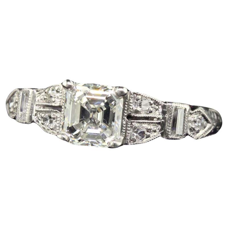 Art Deco Platinum Old Cushion Cut Diamond and Baguette Cut Diamond Ring ...