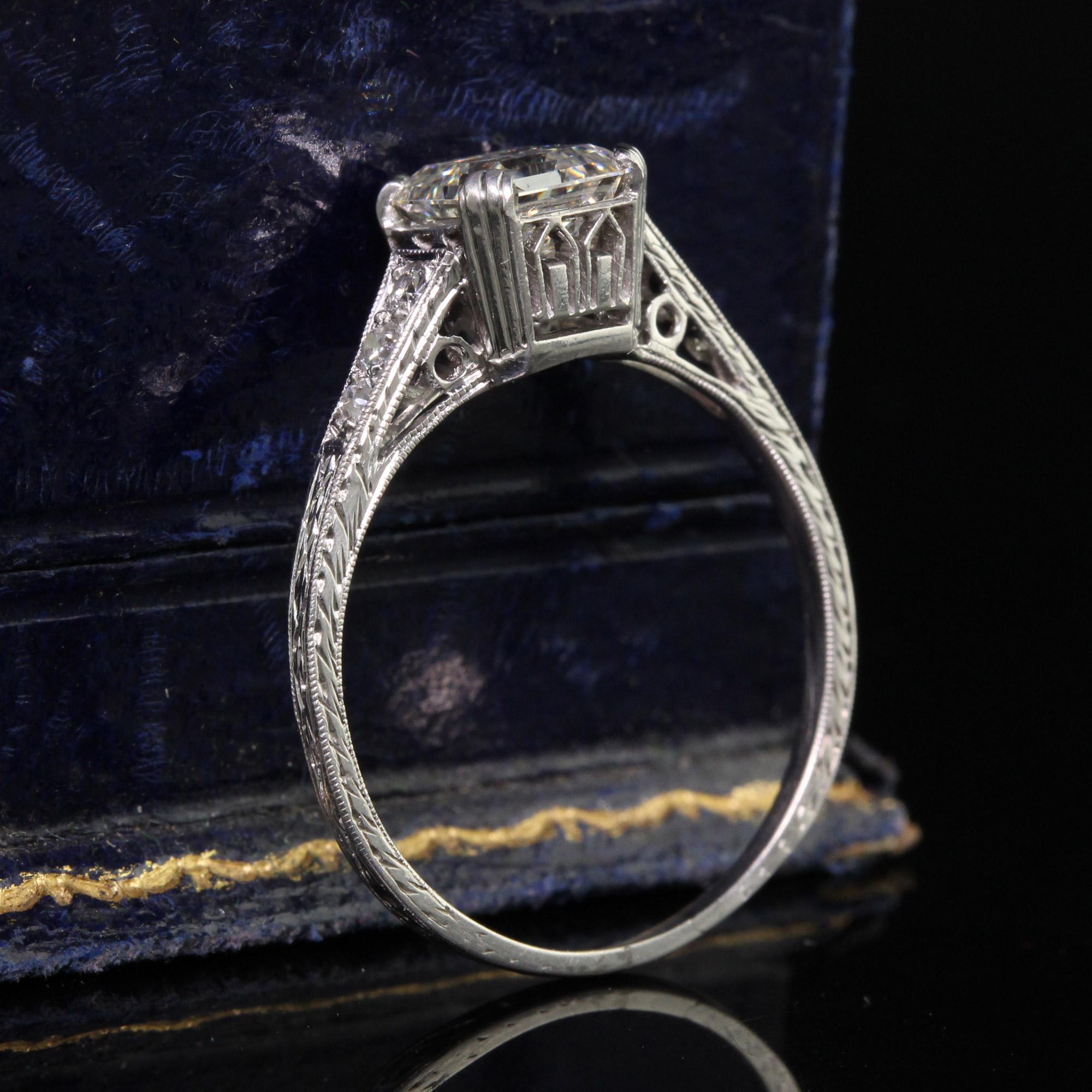 Antique Art Deco Platinum Old Asscher Cut Diamond Filigree Engagement Ring - GIA In Good Condition In Great Neck, NY