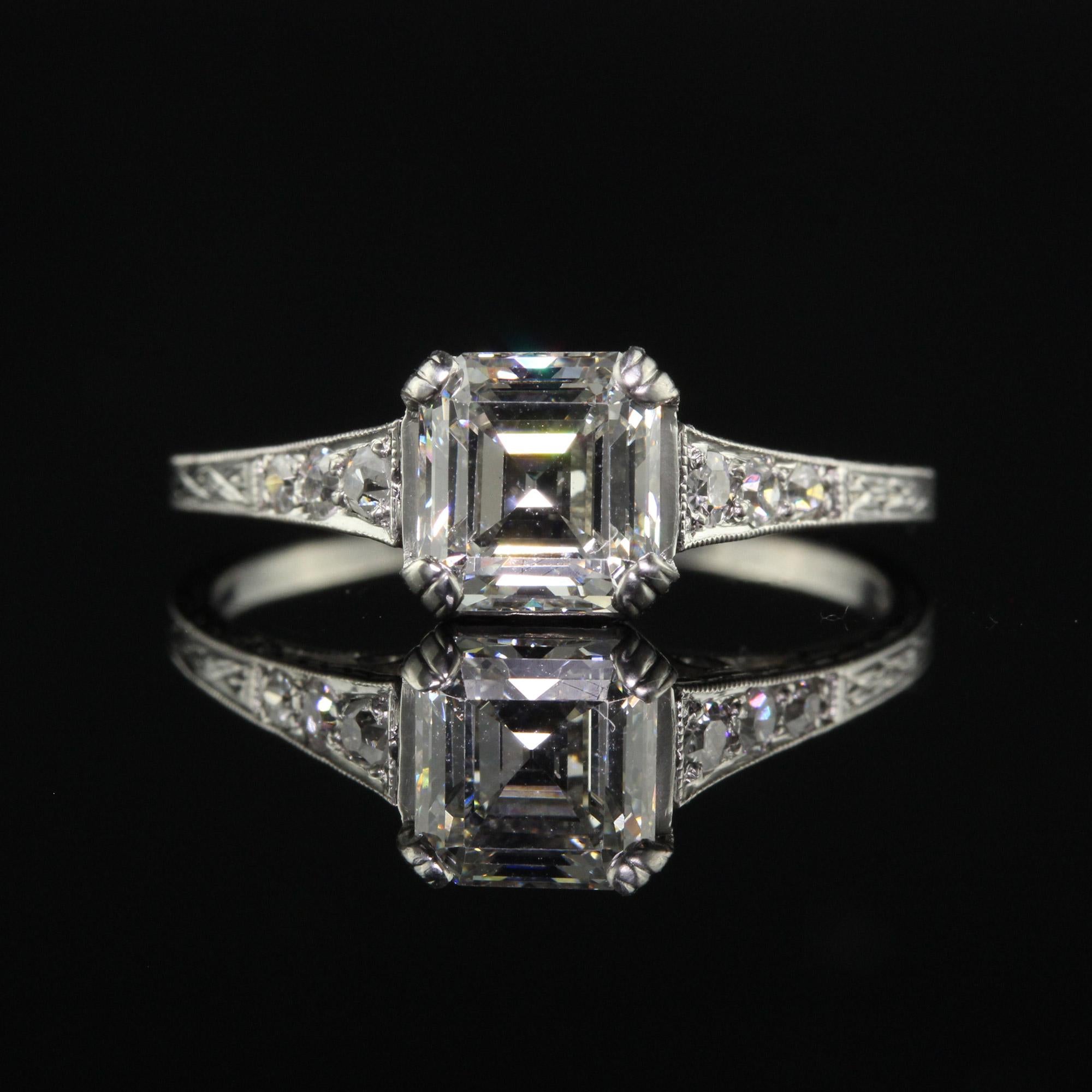 Antique Art Deco Platinum Old Asscher Cut Diamond Filigree Engagement Ring - GIA 2