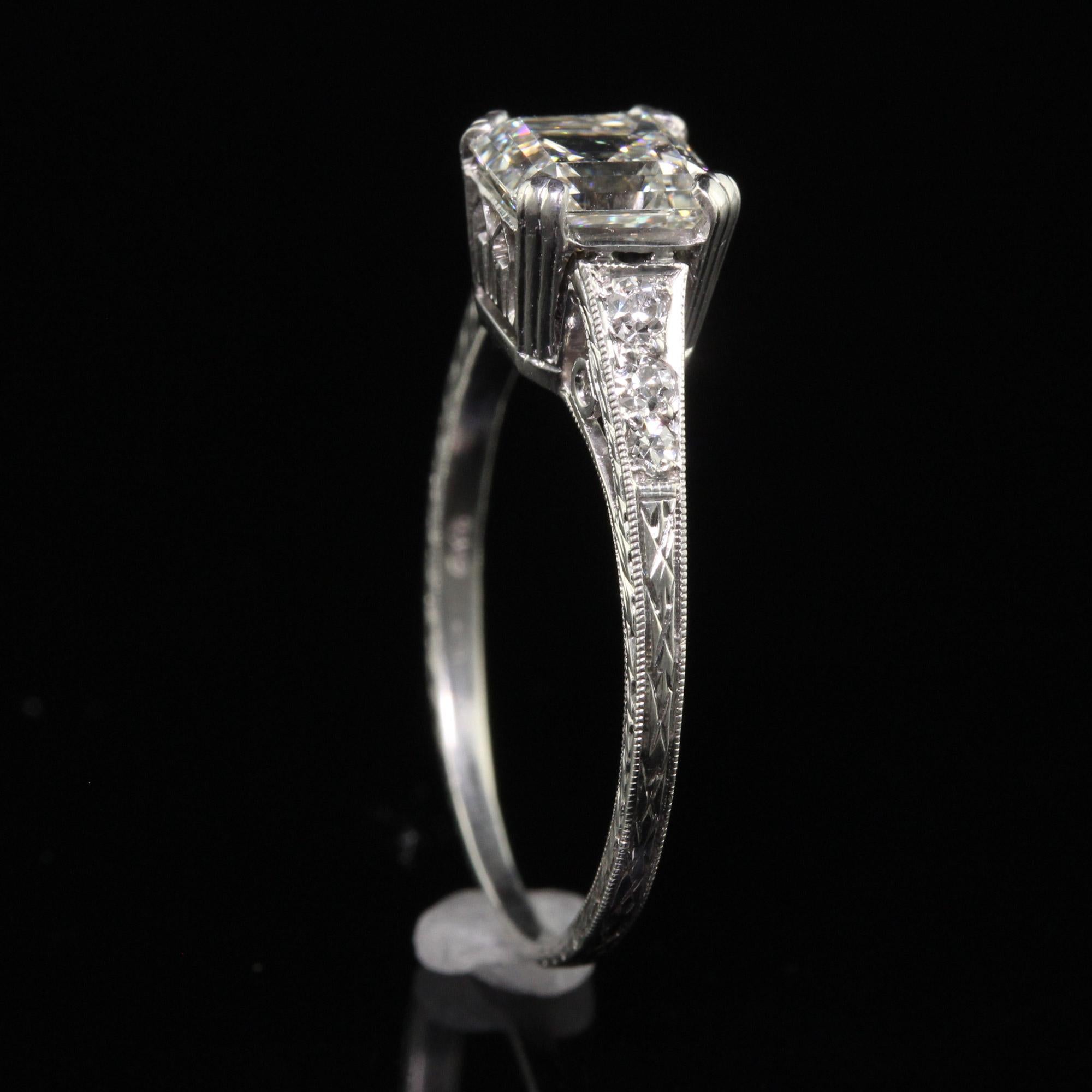 Antique Art Deco Platinum Old Asscher Cut Diamond Filigree Engagement Ring - GIA 4