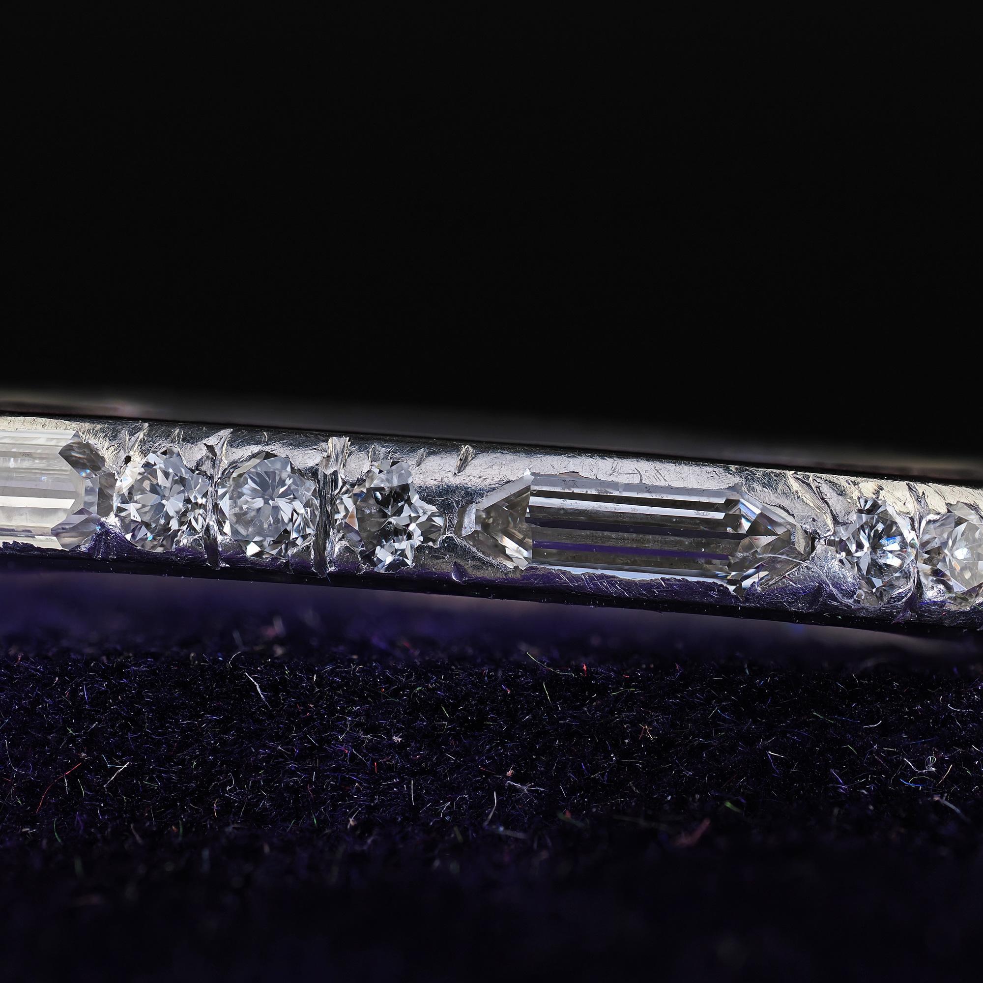 Antique Art Deco Platinum Old Bullet Cut Diamond Eternity Wedding Band For Sale 2