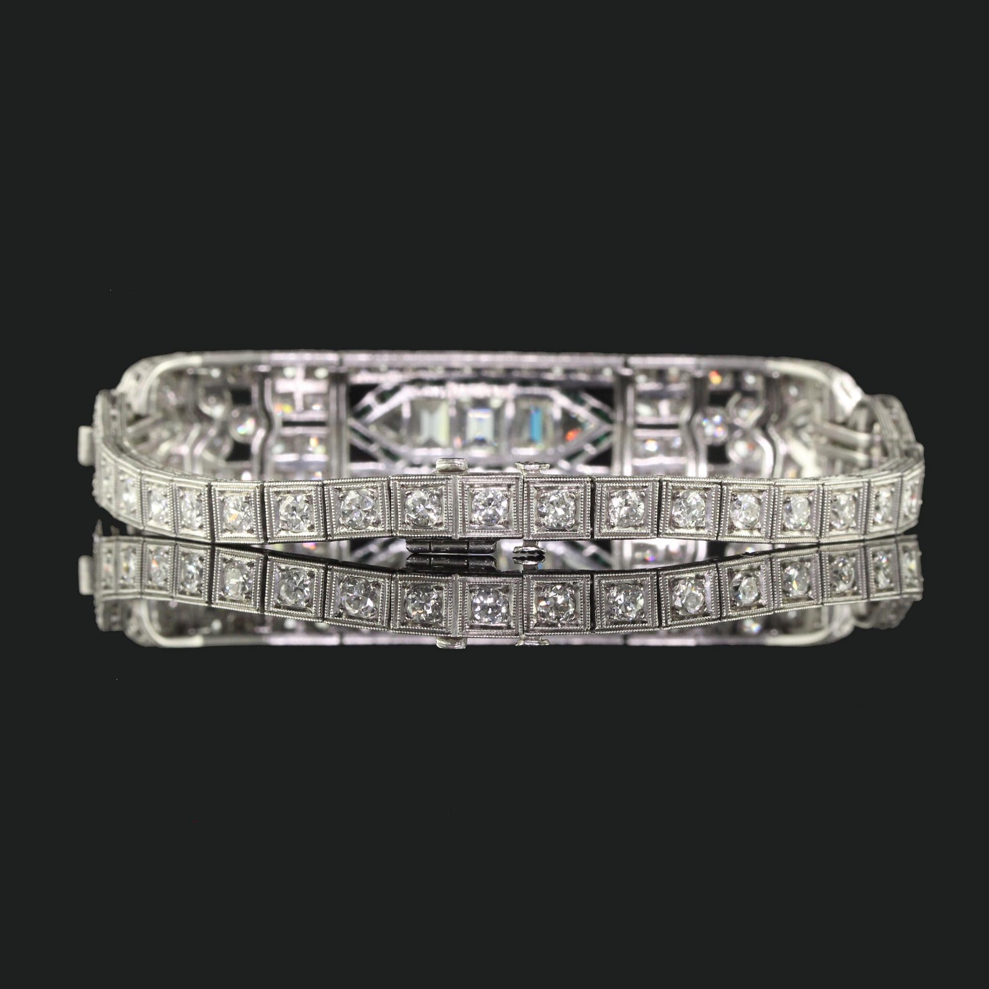 Antique Art Deco Platinum Old Carre Cut Diamond Emerald Onyx Bracelet 6
