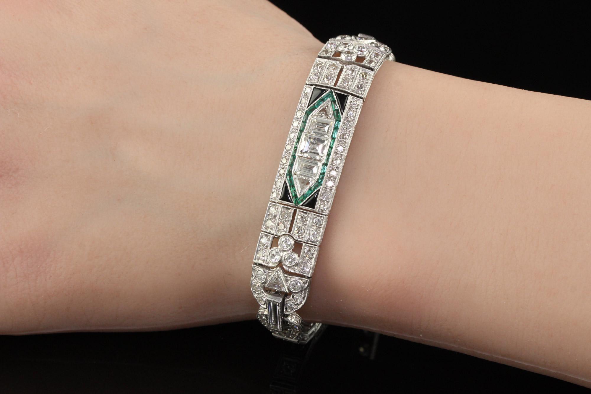 Antique Art Deco Platinum Old Carre Cut Diamond Emerald Onyx Bracelet 7