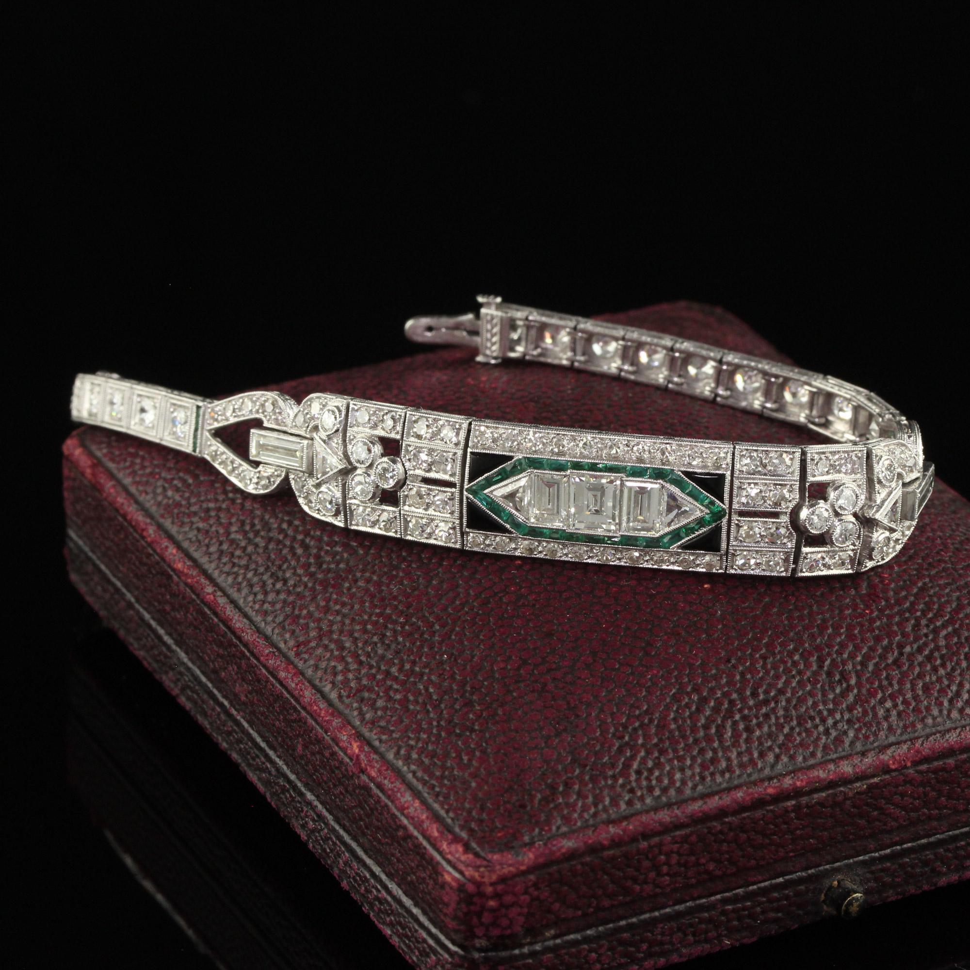 Antique Art Deco Platinum Old Carre Cut Diamond Emerald Onyx Bracelet In Good Condition In Great Neck, NY
