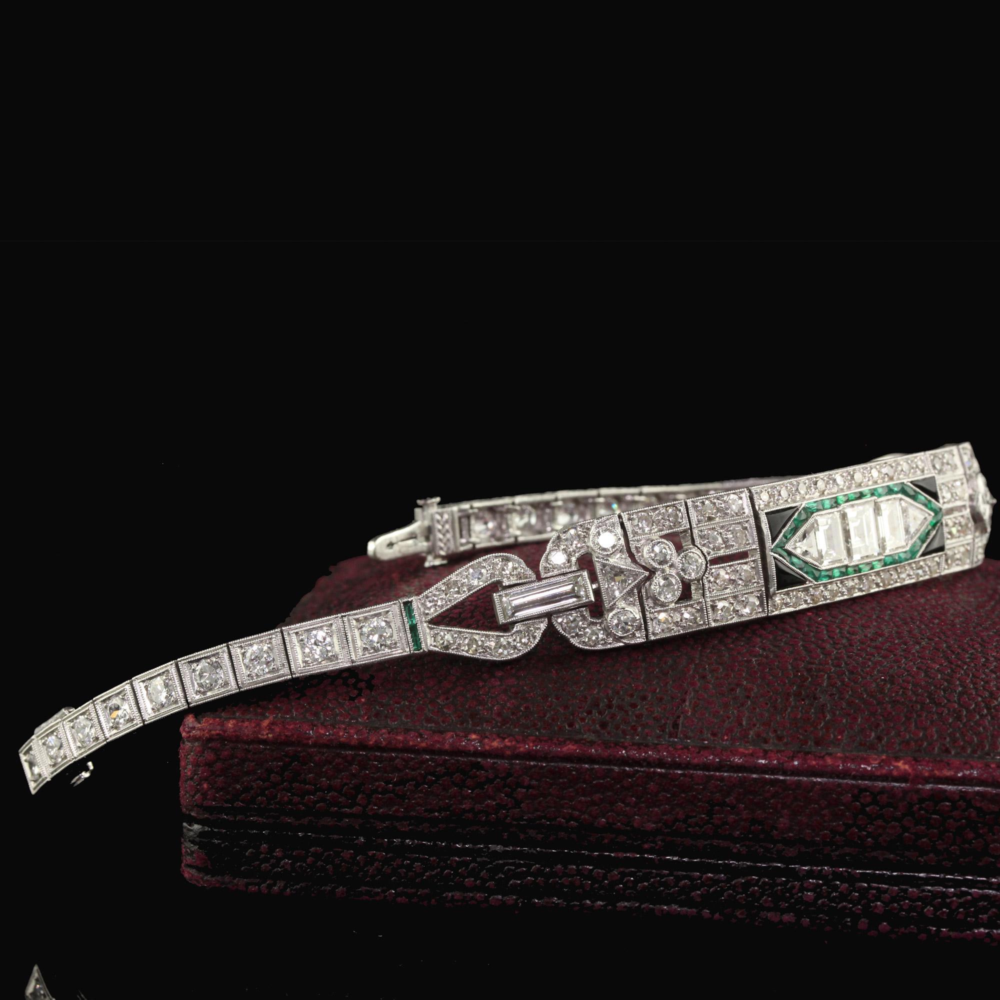 Women's Antique Art Deco Platinum Old Carre Cut Diamond Emerald Onyx Bracelet