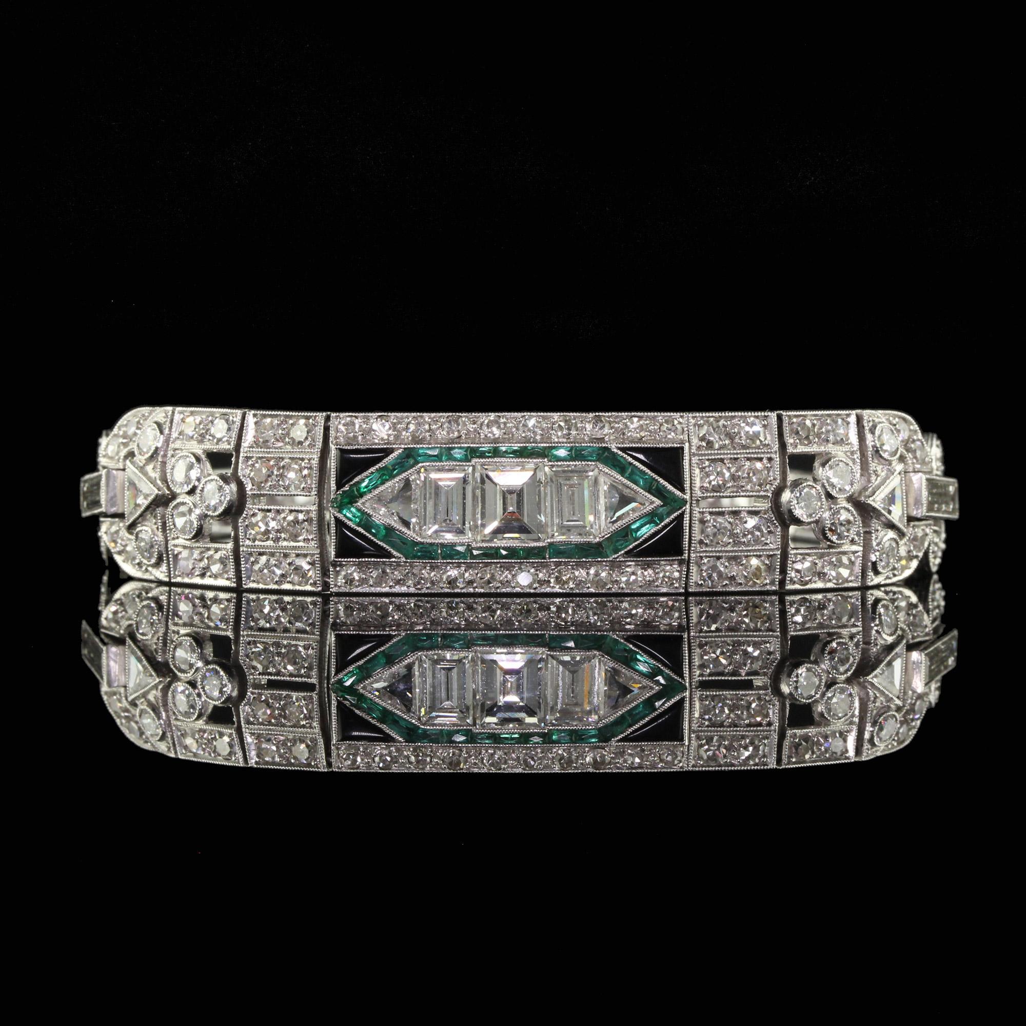 Antique Art Deco Platinum Old Carre Cut Diamond Emerald Onyx Bracelet 4