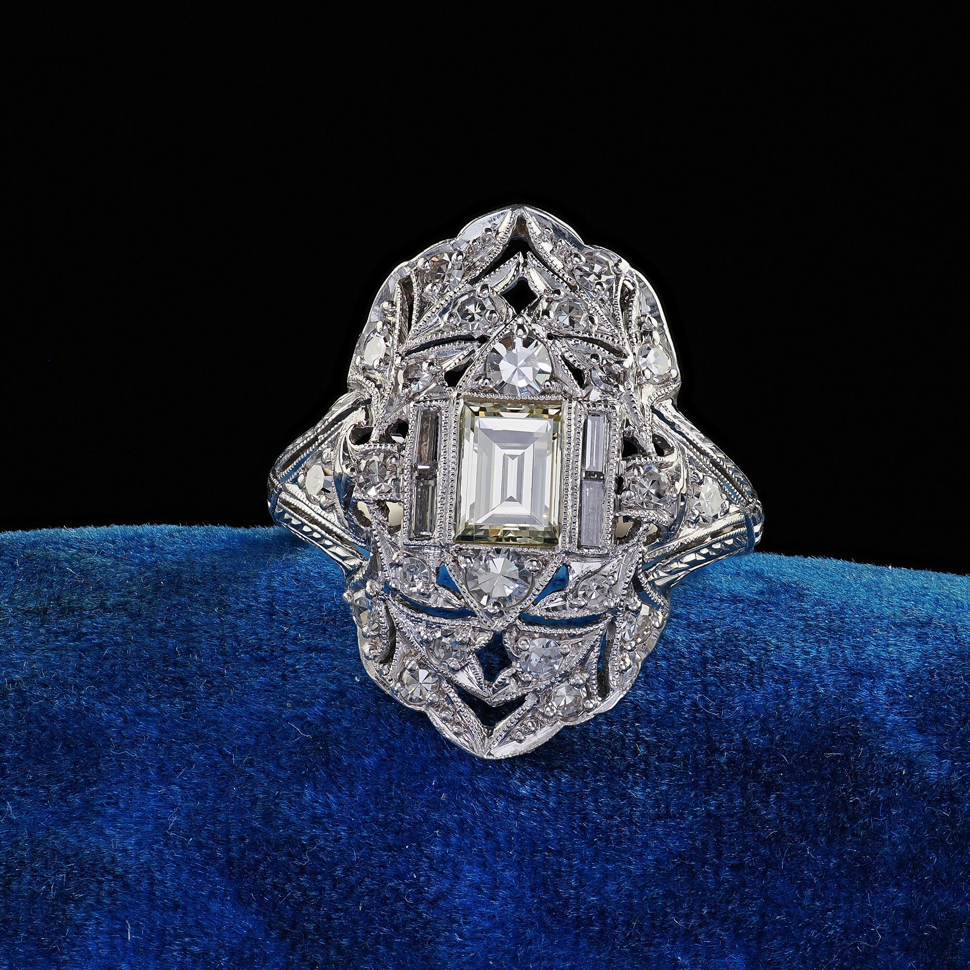 Beautiful Antique Art Deco Platinum Old Carre Cut Diamond Filigree Shield Ring - GIA. This gorgeous Art Deco old carre cut diamond filigree shield ring is crafted in platinum. The ring holds a beautiful carre cut diamond that has a GIA report. The