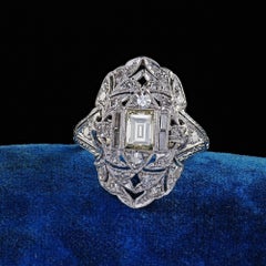 Antique Art Deco Platinum Old Carre Cut Diamond Filigree Shield Ring - GIA
