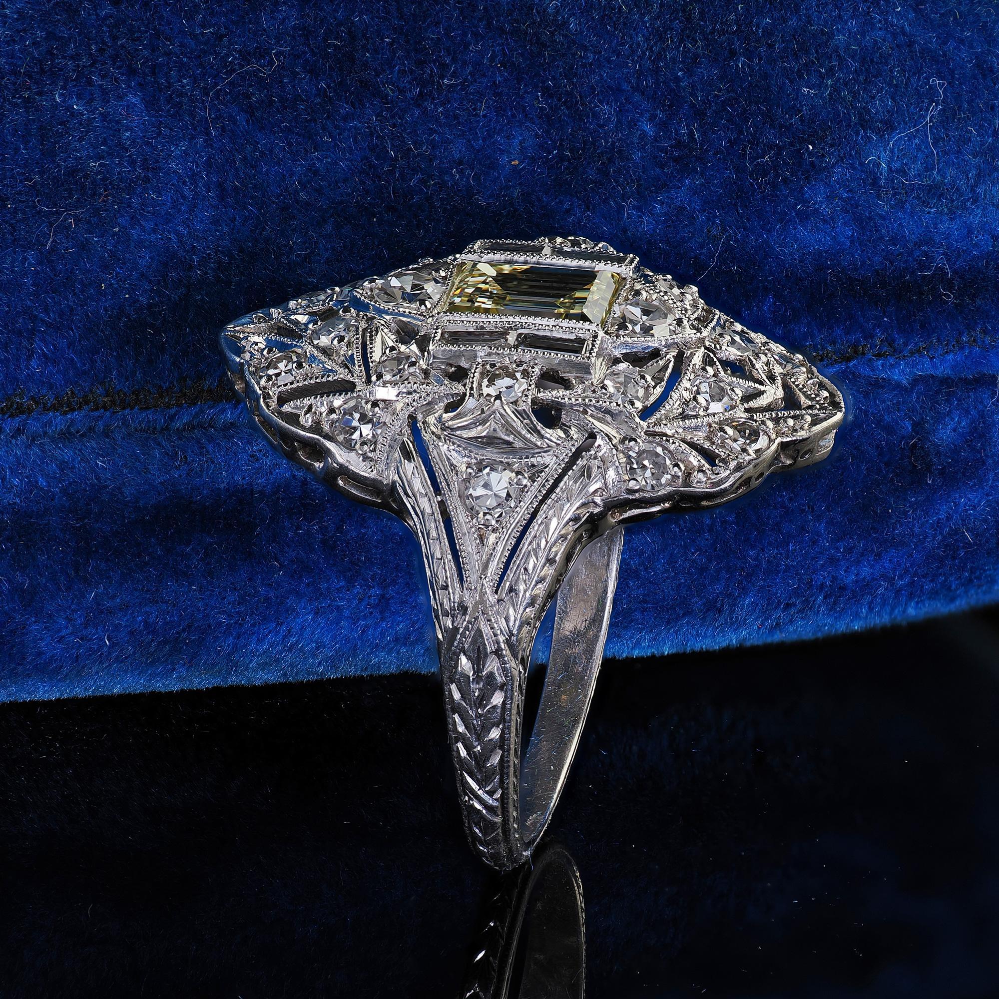 Mixed Cut Antique Art Deco Platinum Old Carre Cut Diamond Filigree Shield Ring - GIA For Sale