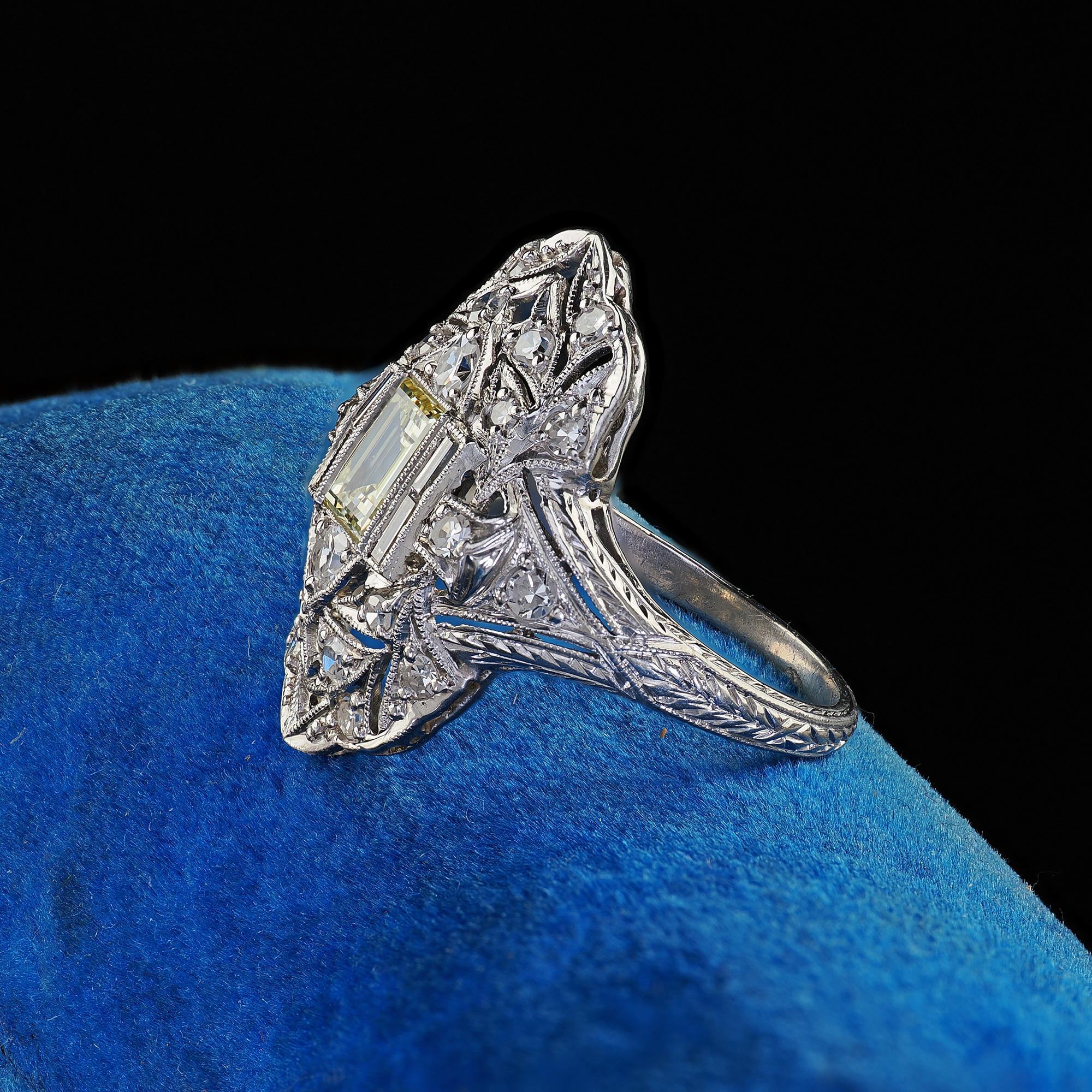 Women's Antique Art Deco Platinum Old Carre Cut Diamond Filigree Shield Ring - GIA For Sale