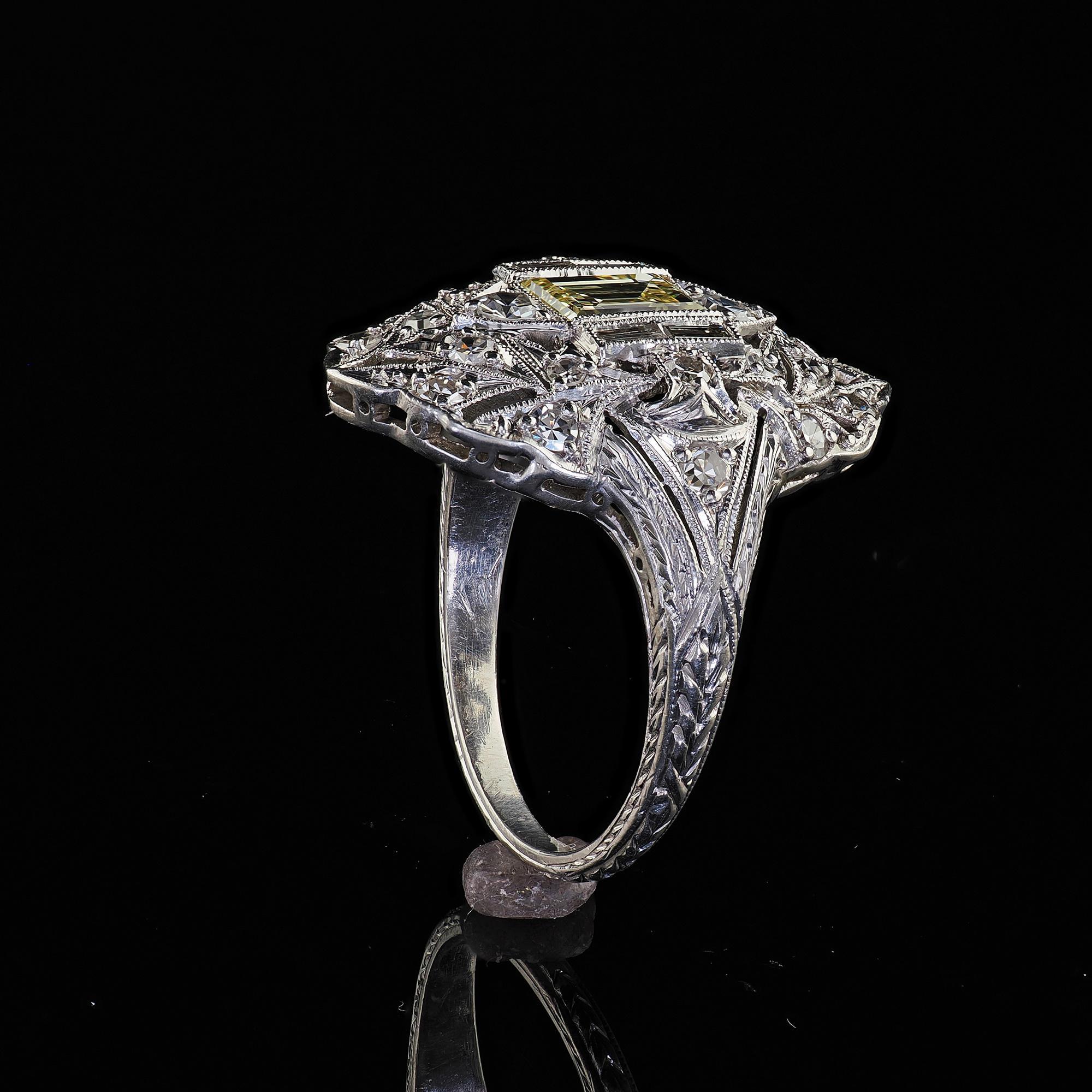 Antique Art Deco Platinum Old Carre Cut Diamond Filigree Shield Ring - GIA For Sale 4