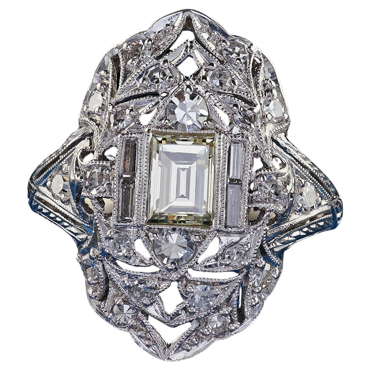 Antique Art Deco Platinum Old Carre Cut Diamond Filigree Shield Ring - GIA