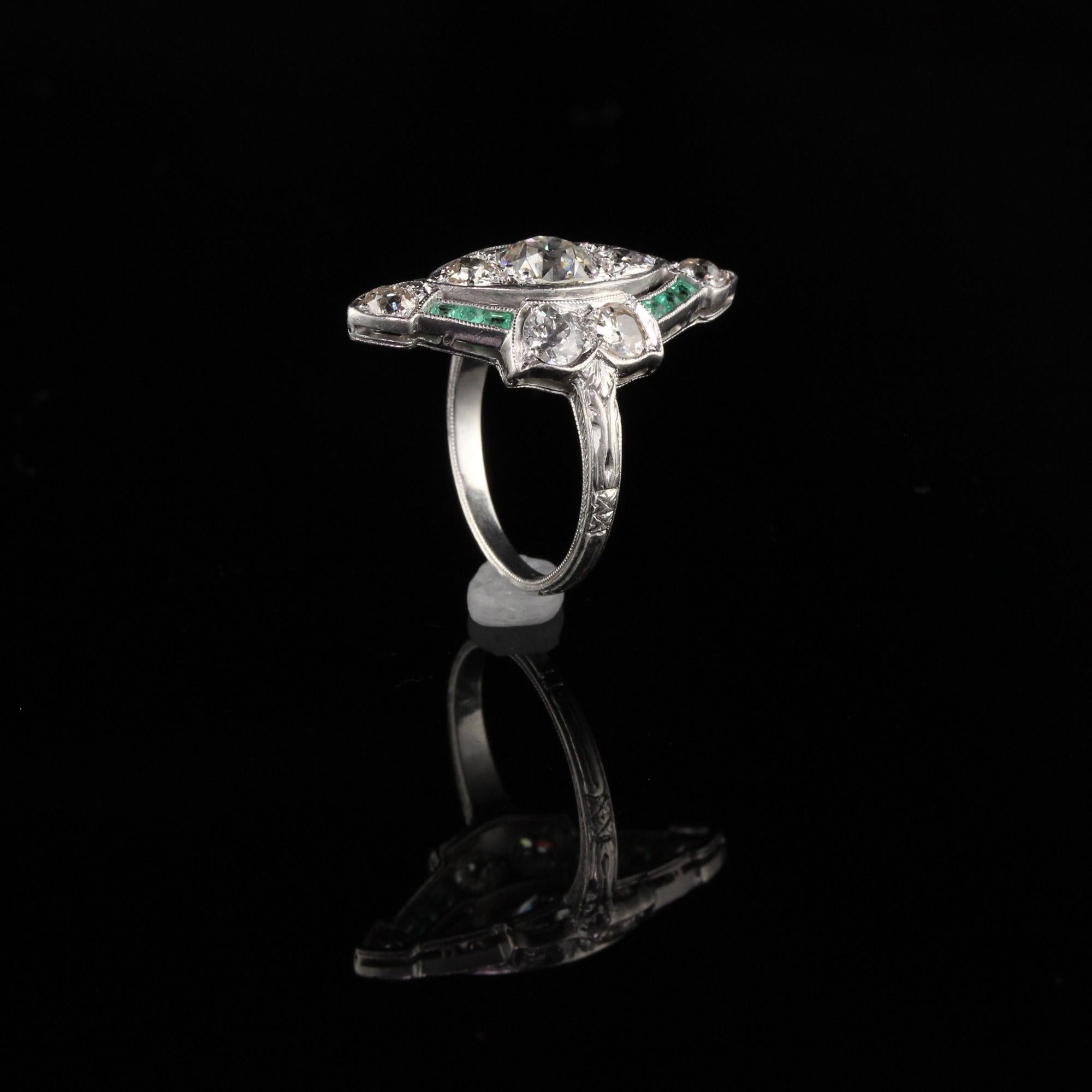 Antique Art Deco Platinum Old Cushion Cut Diamond and Emerald Shield Ring 1