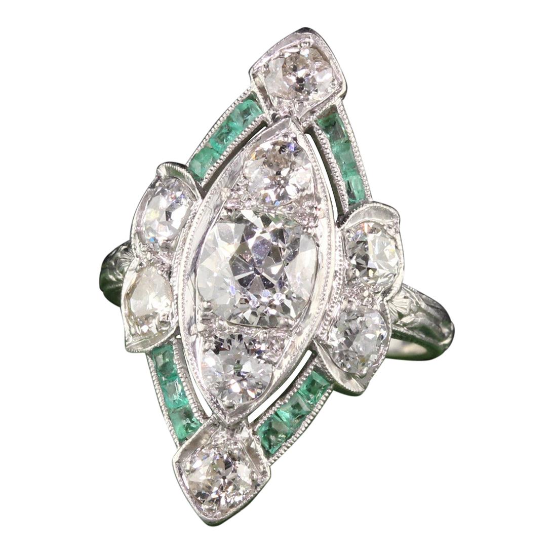 Antique Art Deco Platinum Old Cushion Cut Diamond and Emerald Shield Ring