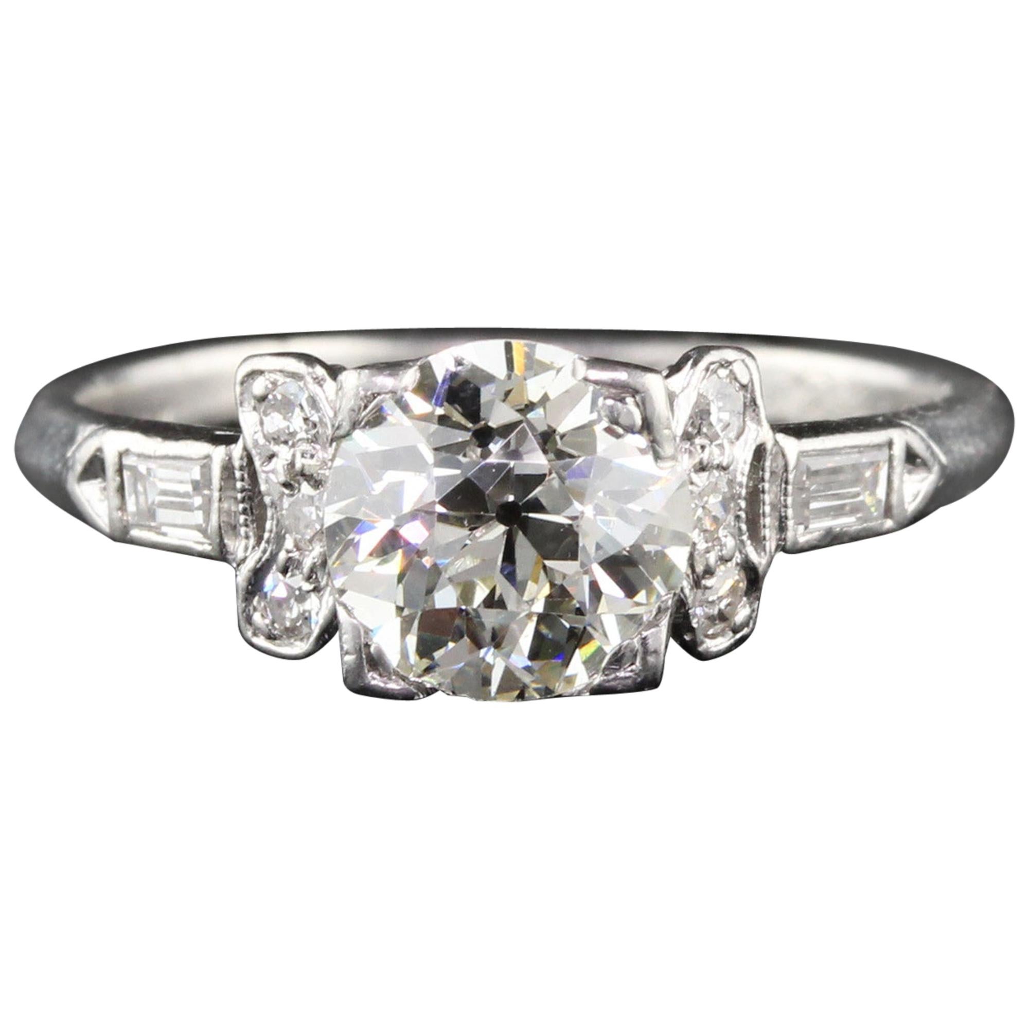Antique Art Deco Platinum Old Cushion Cut Diamond Engagement Ring