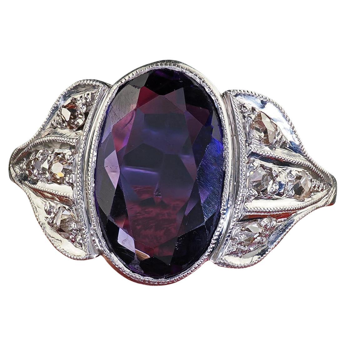 Antique Art Deco Platinum Old Cut Amethyst and Diamond Engagement Ring For Sale
