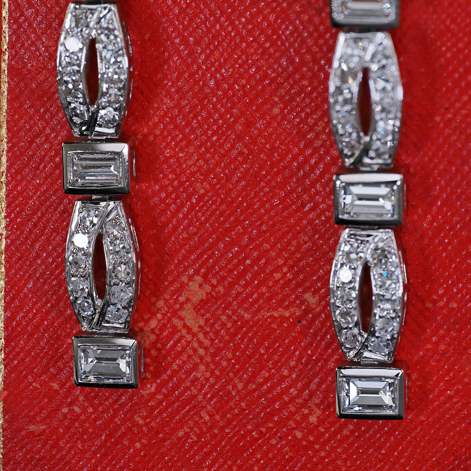 Antique Art Deco Platinum Old Cut Baguette Cut Diamond Drop Dangle Earrings 6