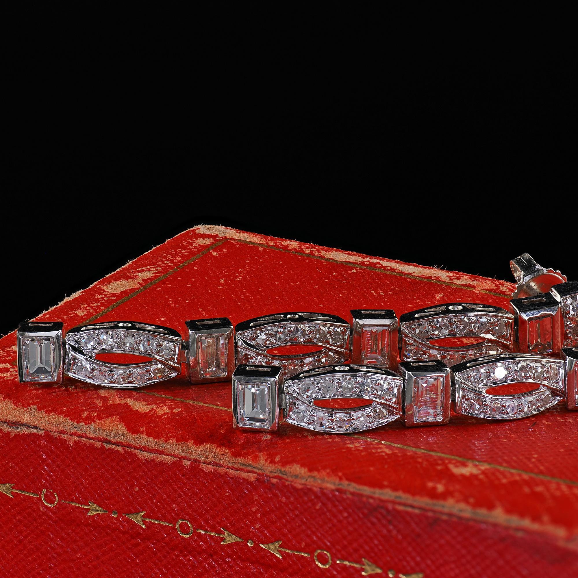 Antique Art Deco Platinum Old Cut Baguette Cut Diamond Drop Dangle Earrings 8