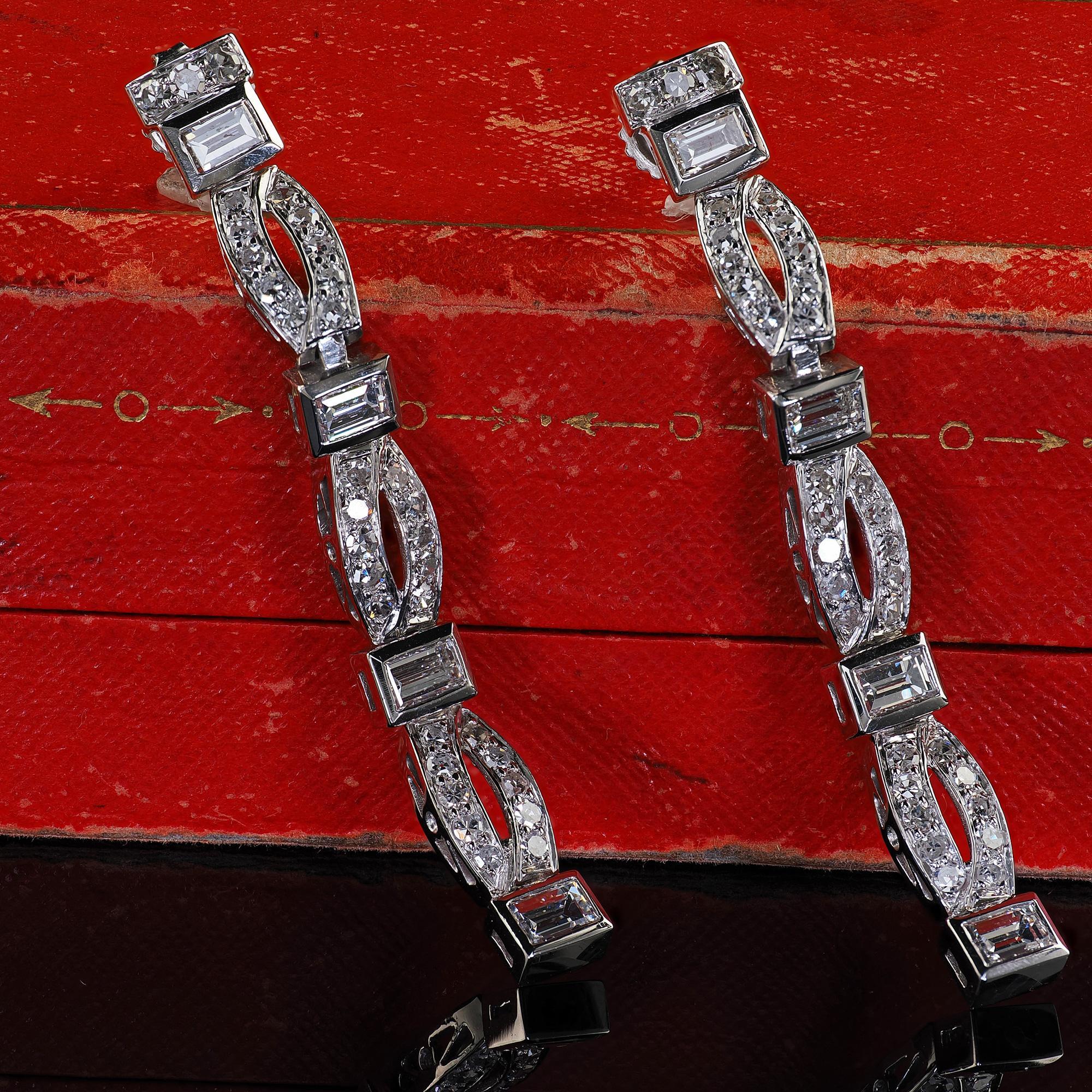 Women's Antique Art Deco Platinum Old Cut Baguette Cut Diamond Drop Dangle Earrings