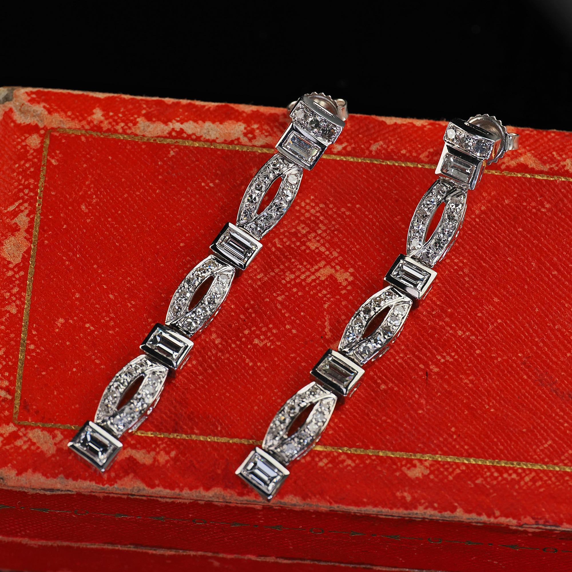 Antique Art Deco Platinum Old Cut Baguette Cut Diamond Drop Dangle Earrings 2