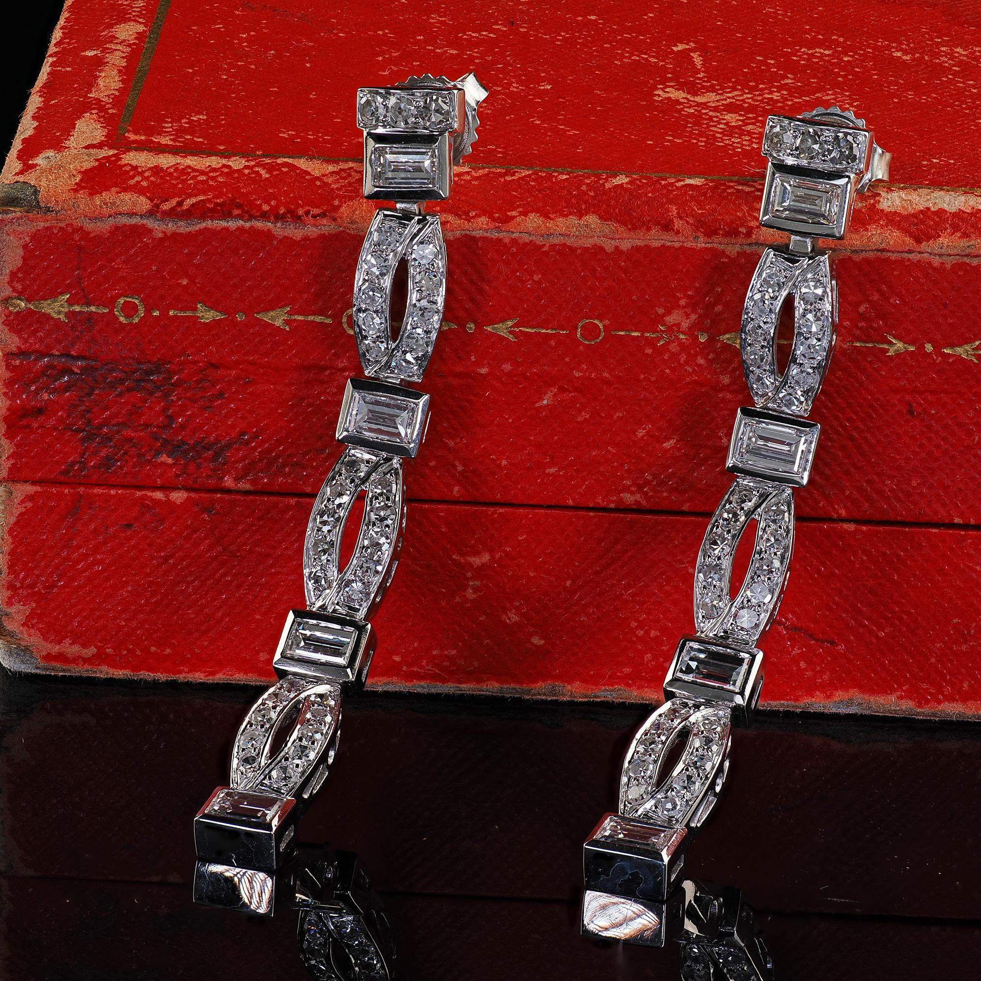 Antique Art Deco Platinum Old Cut Baguette Cut Diamond Drop Dangle Earrings 3