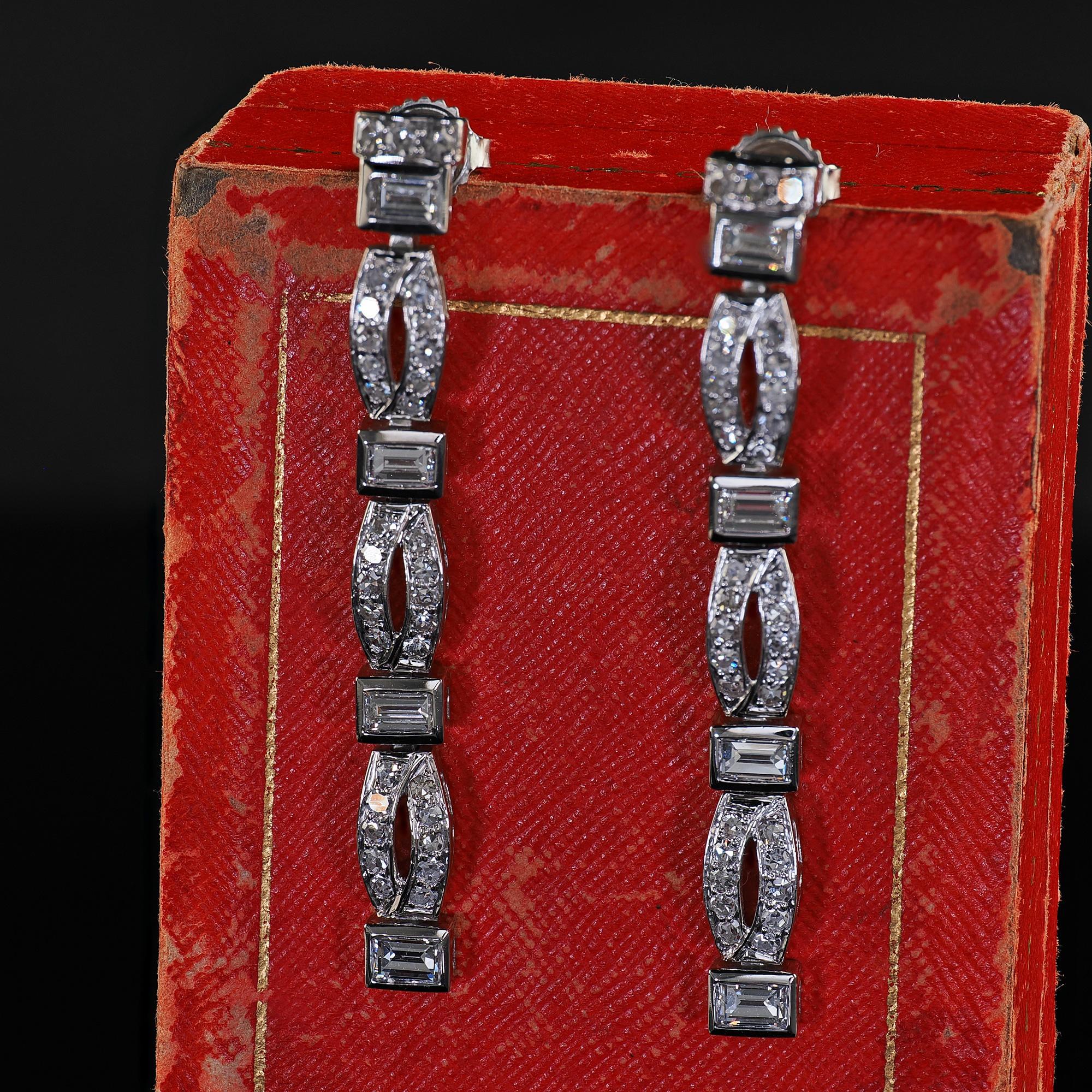 Antique Art Deco Platinum Old Cut Baguette Cut Diamond Drop Dangle Earrings 4