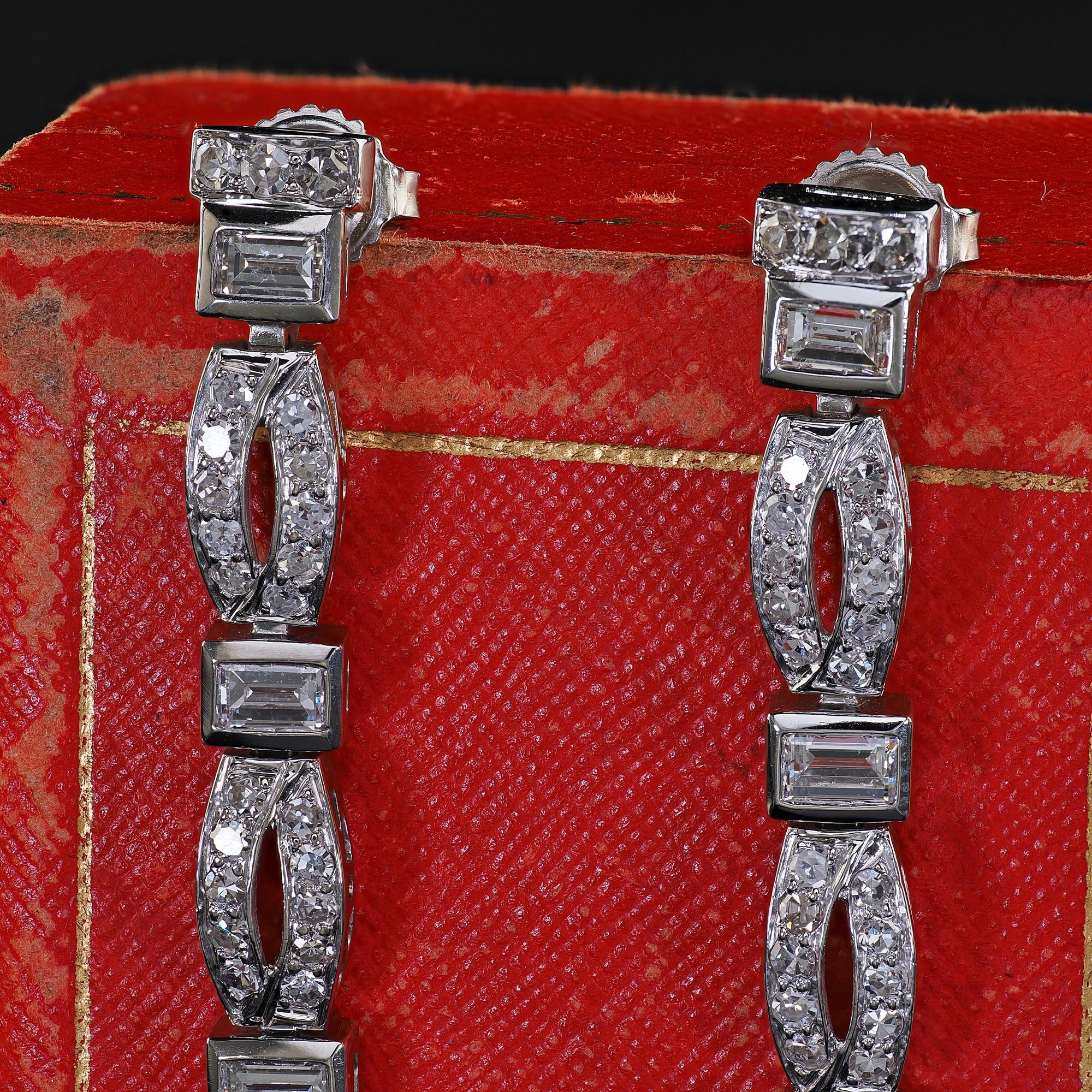 Antique Art Deco Platinum Old Cut Baguette Cut Diamond Drop Dangle Earrings 5
