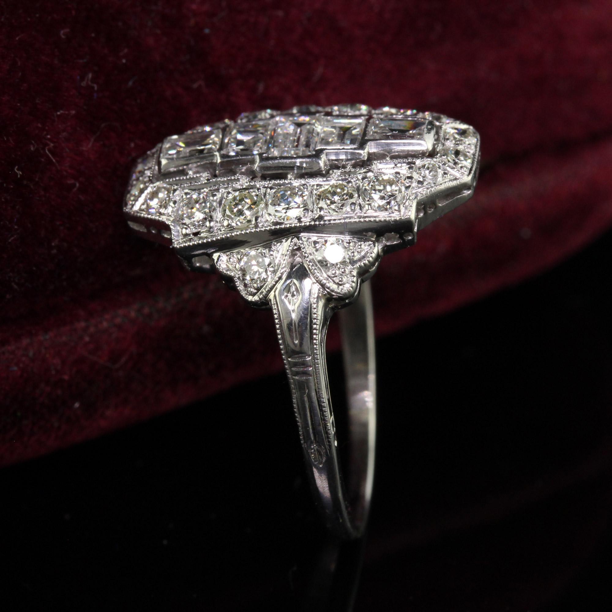 Baguette Cut Antique Art Deco Platinum Old Cut Baguette Euro Diamond Shield Ring For Sale