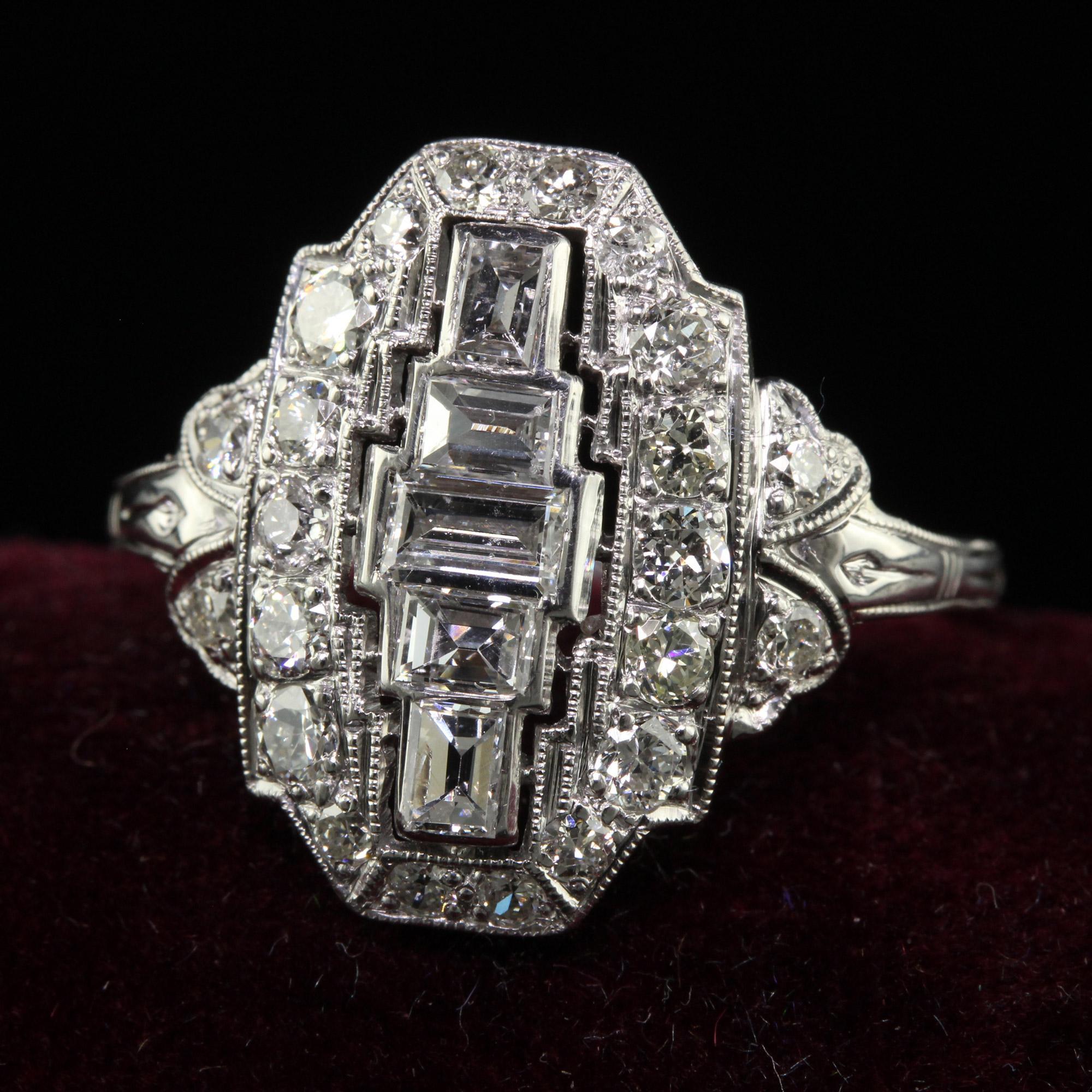 Antique Art Deco Platinum Old Cut Baguette Euro Diamond Shield Ring In Good Condition For Sale In Great Neck, NY