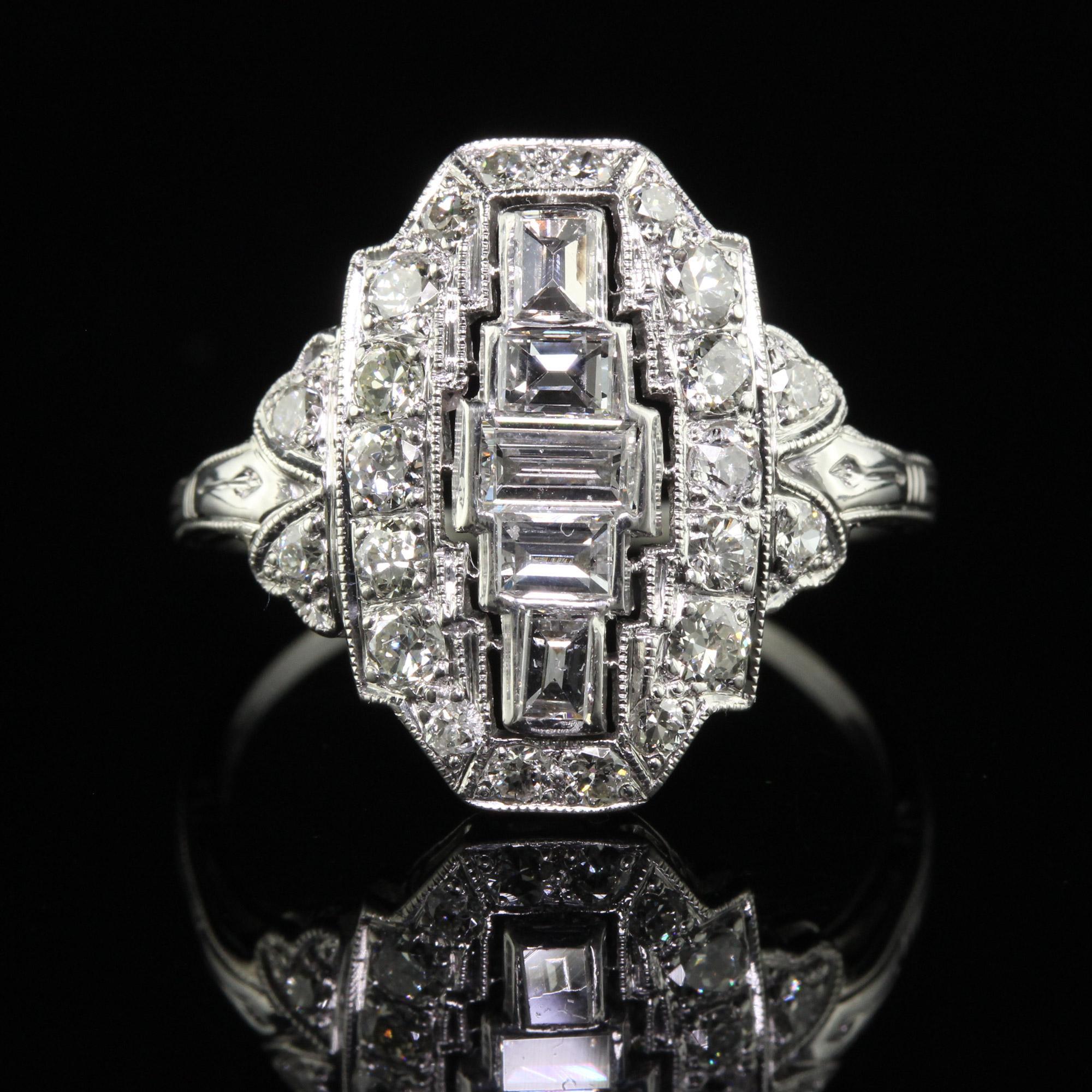Antique Art Deco Platinum Old Cut Baguette Euro Diamond Shield Ring In Good Condition In Great Neck, NY