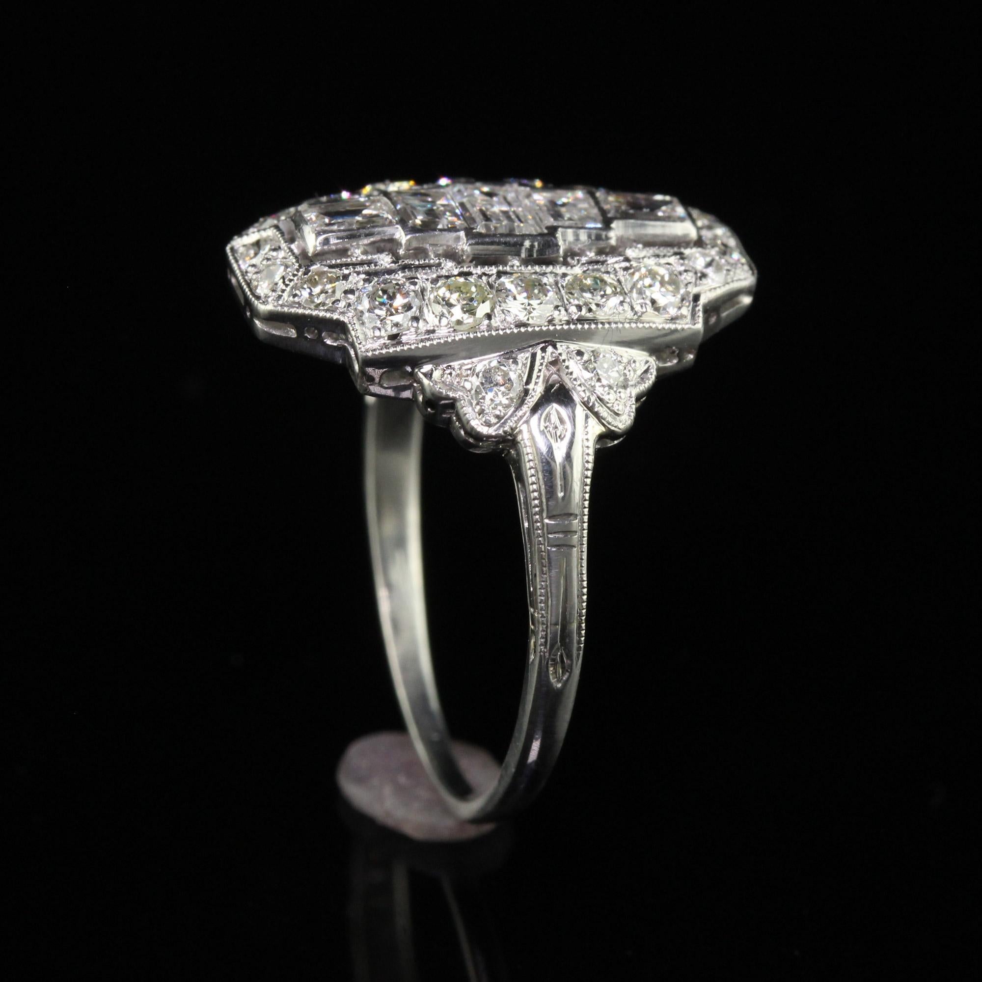 Antique Art Deco Platinum Old Cut Baguette Euro Diamond Shield Ring For Sale 2
