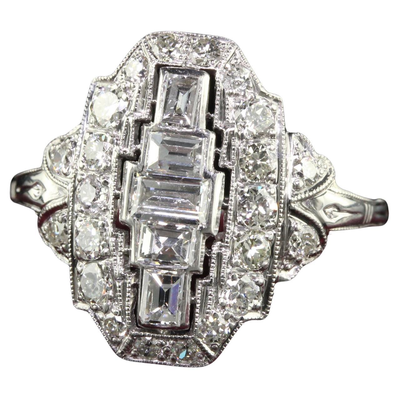 Antique Art Deco Platinum Old Cut Baguette Euro Diamond Shield Ring For Sale