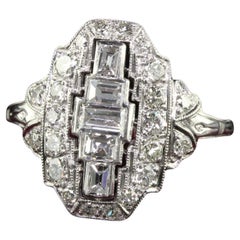 Vintage Art Deco Platinum Old Cut Baguette Euro Diamond Shield Ring