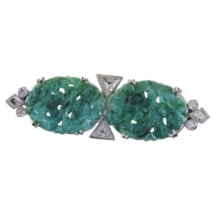 Antique Art Deco Platinum Old Cut Diamond and Carved Jade Pin